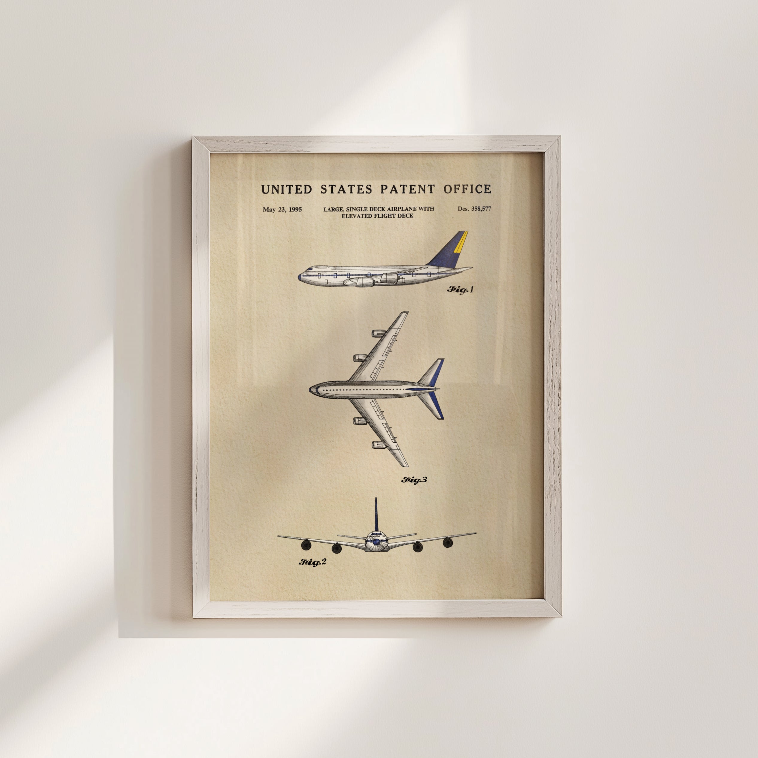 The image is a framed patent drawing depicting three different airplanes, including a large single-aisle airplane and two smaller single-aisle airplanes.