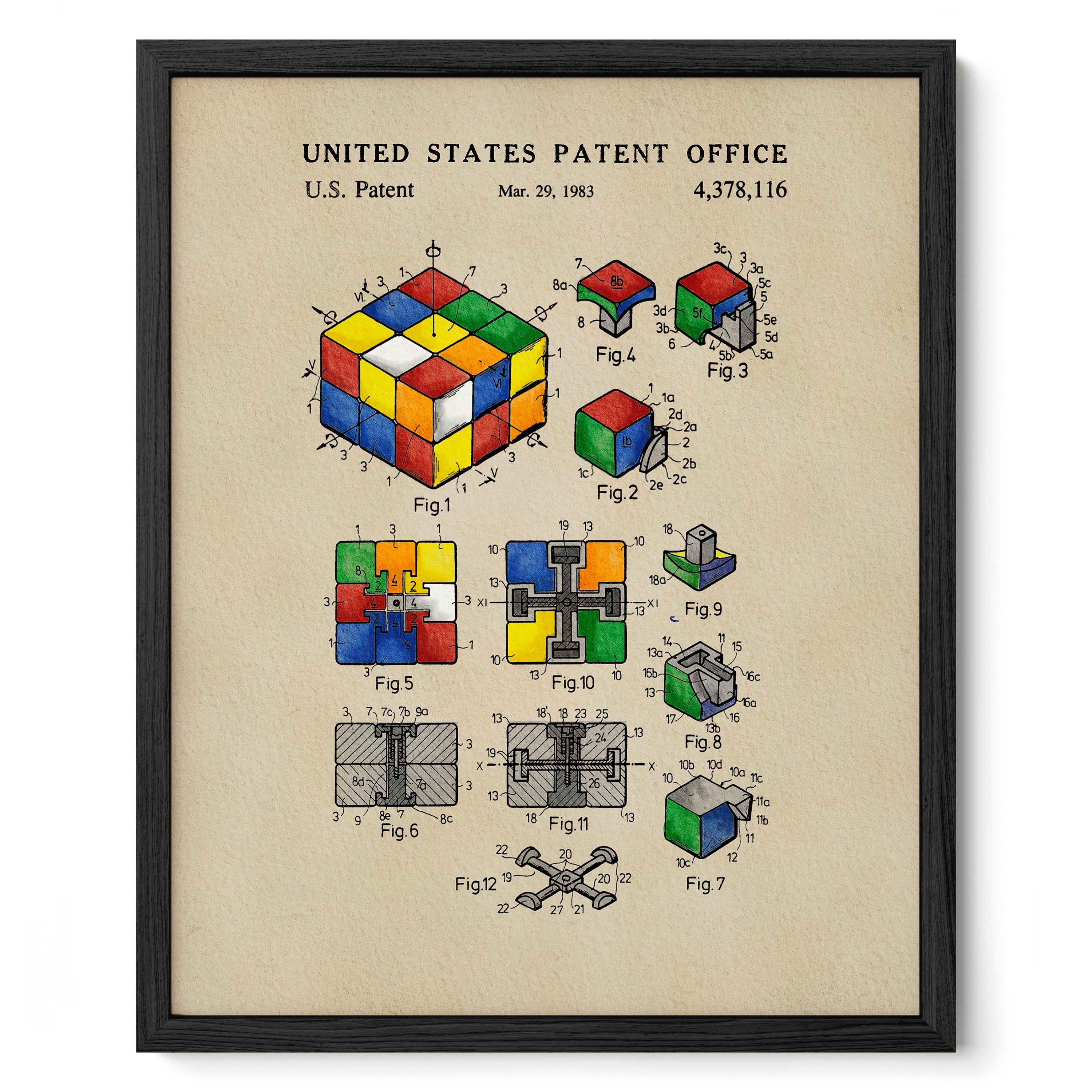 The image is a framed patent drawing depicting a Rubik's cube and its various components, including the cube itself and its internal mechanisms.