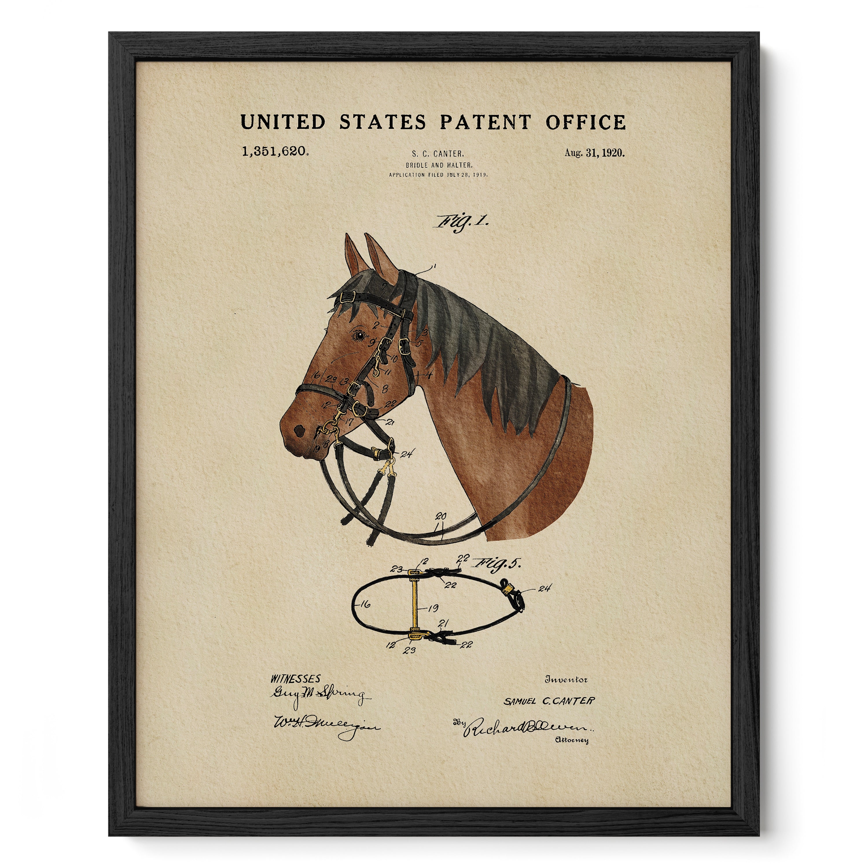 The image is a framed vintage patent drawing of a horse harness, depicting the design and construction of the harness.