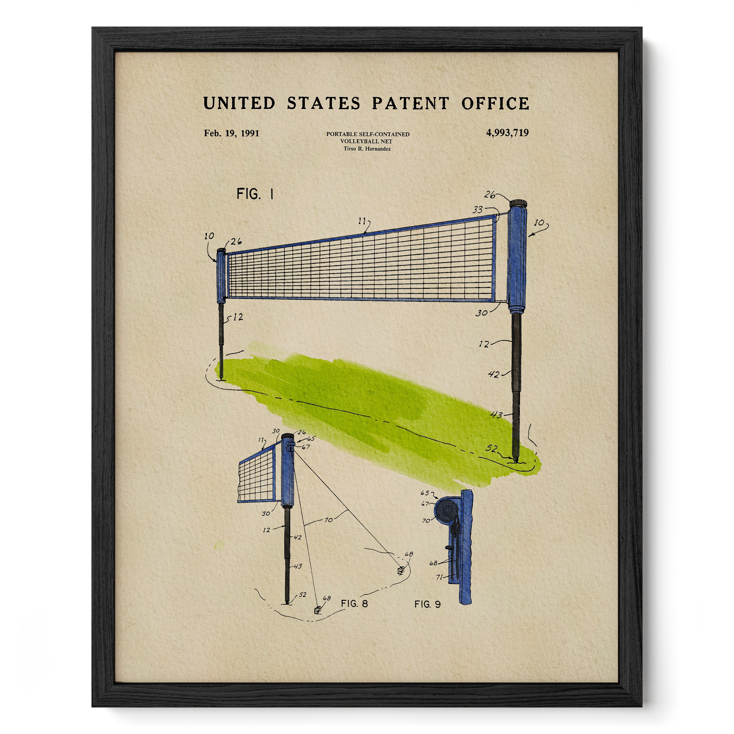 The image is a framed print depicting a vintage volleyball net patent from the United States Patent Office.