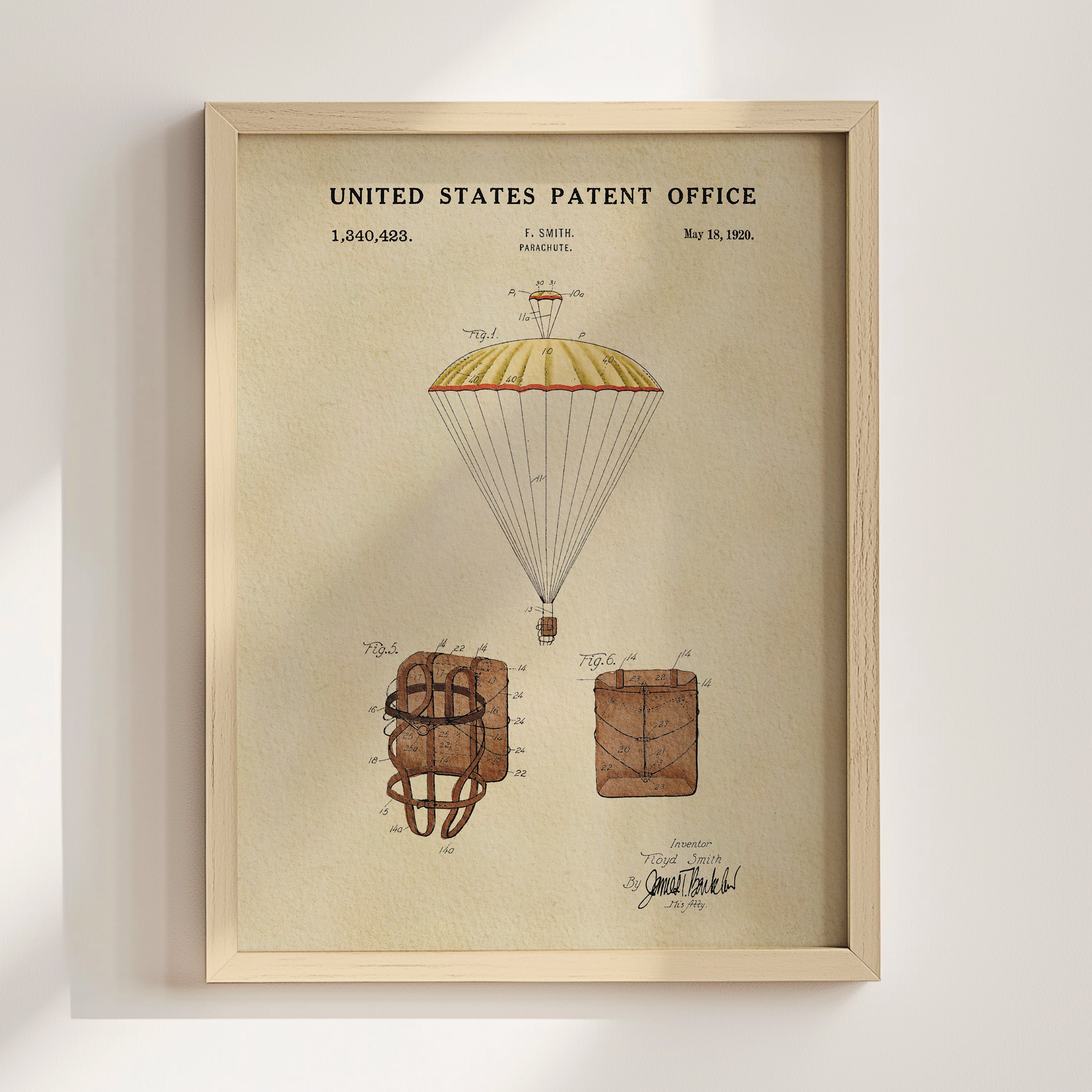 The image is a framed print of a patent drawing for a parachute, featuring a detailed illustration of the parachute design and its components.
