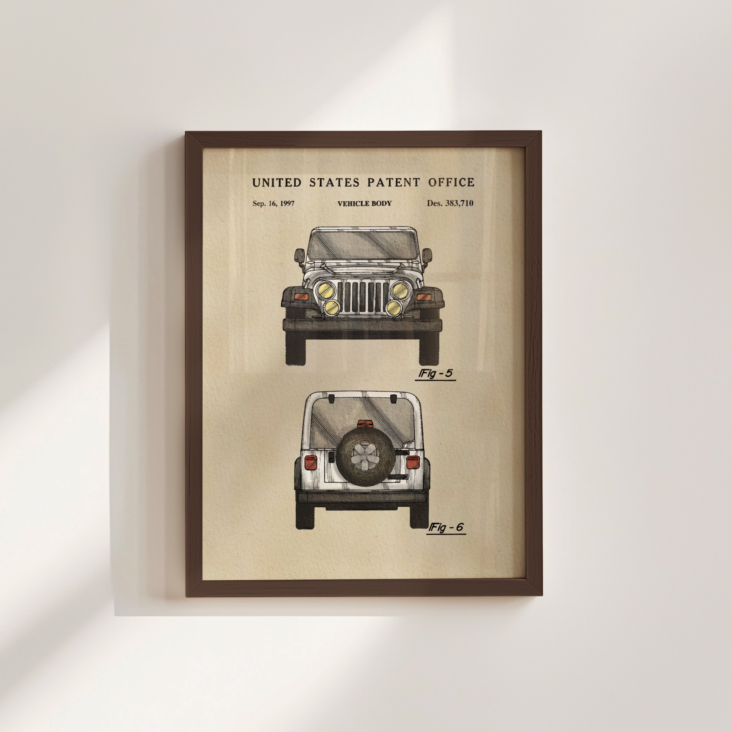 The image is a framed patent drawing of a vehicle, specifically a Jeep, with two views of the vehicle's design.