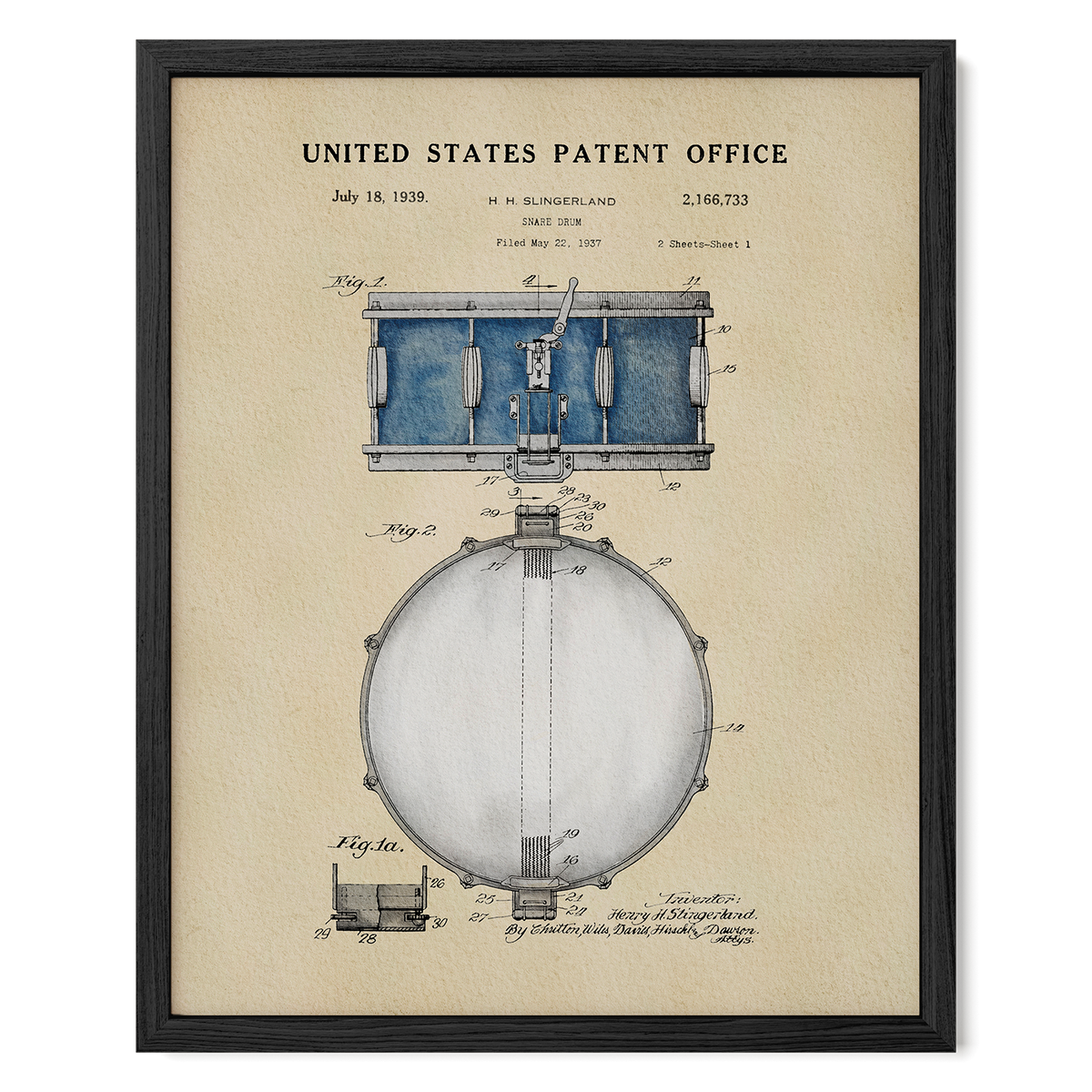 The image is a framed patent drawing from the United States Patent Office, depicting a drum or musical instrument.
