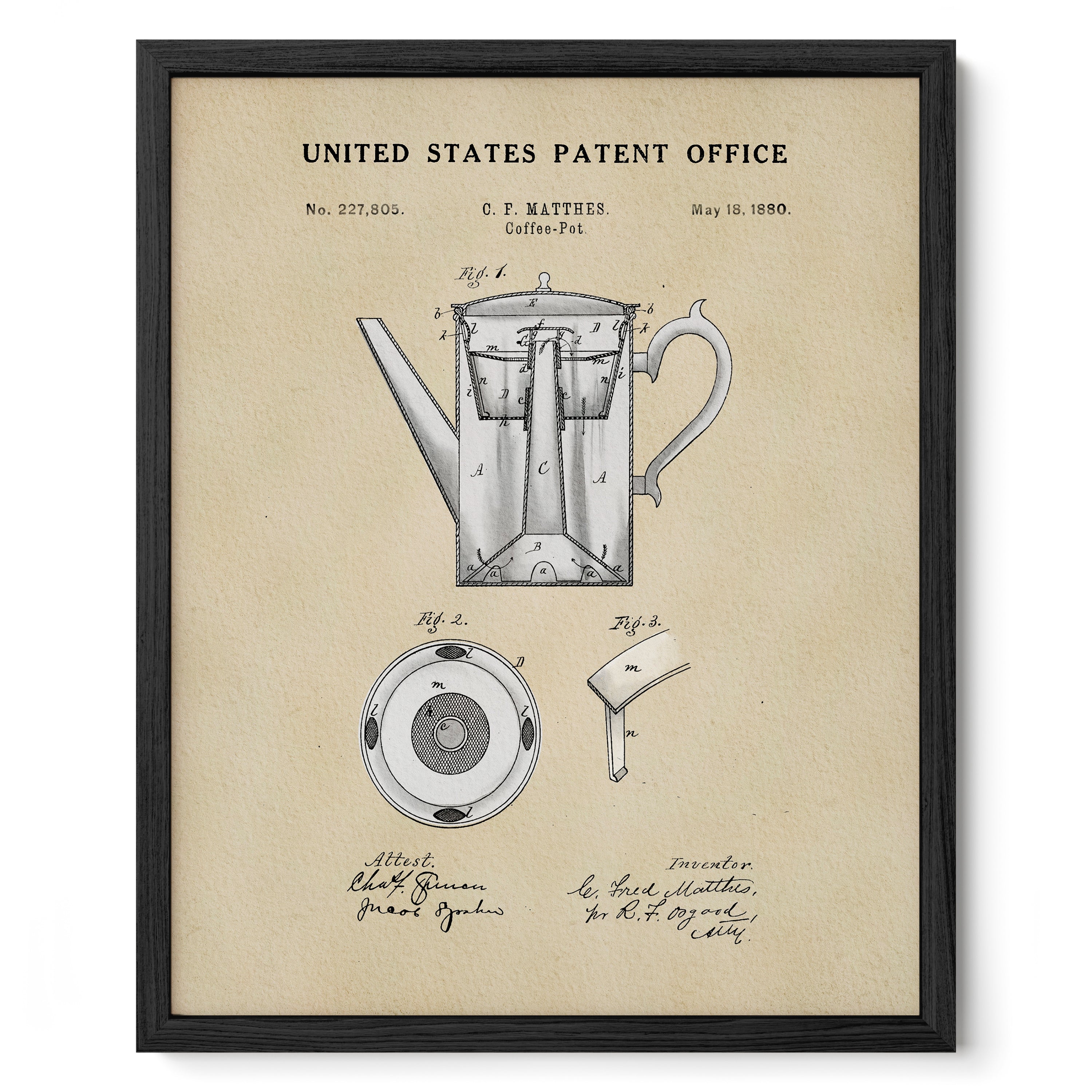 The image is a framed patent drawing of a coffee pot, depicting the design and construction of the device.