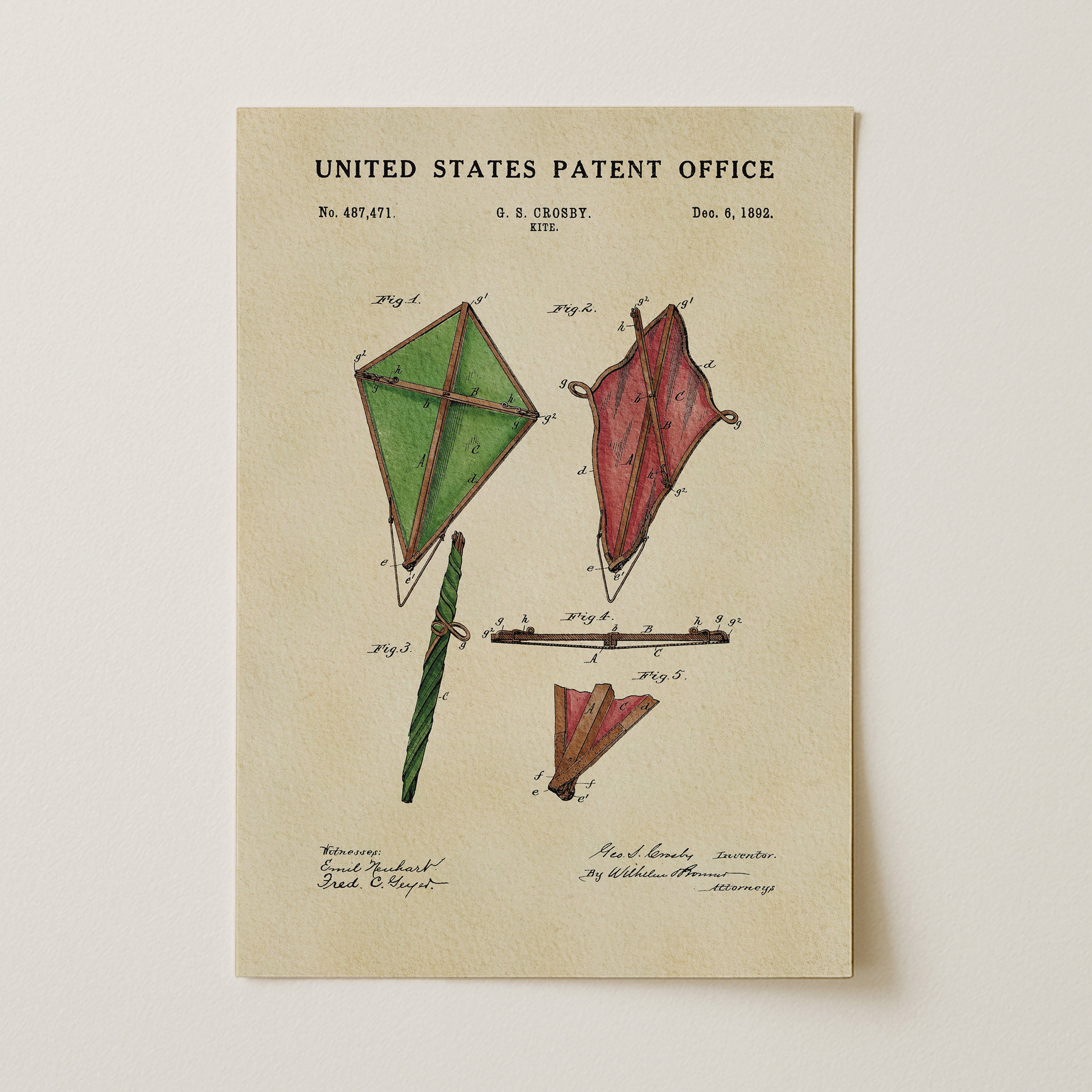 The image is a vintage United States patent office patent drawing depicting a kite with a green frame and a red tail.