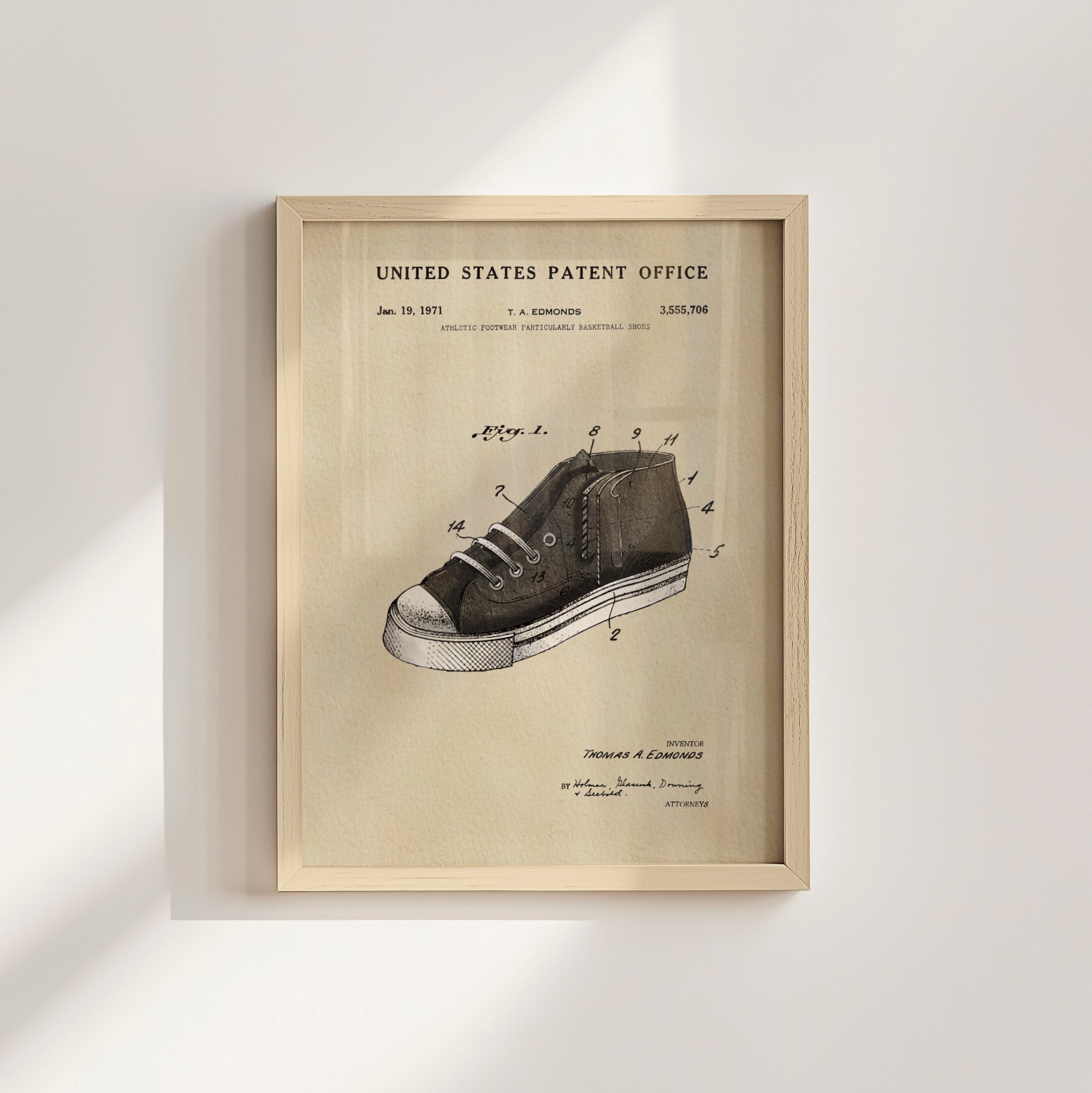 The image is a framed patent drawing of a shoe, depicting a design that appears to be a high-top sneaker.