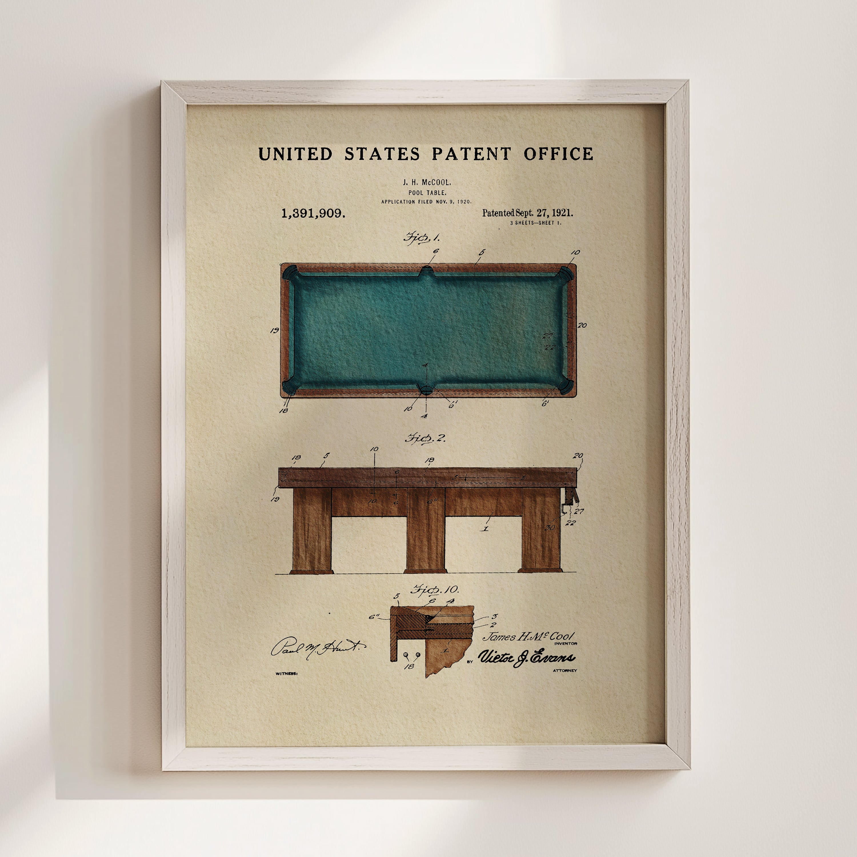 The image is a framed patent drawing of a pool table, depicting the design and construction of the table.