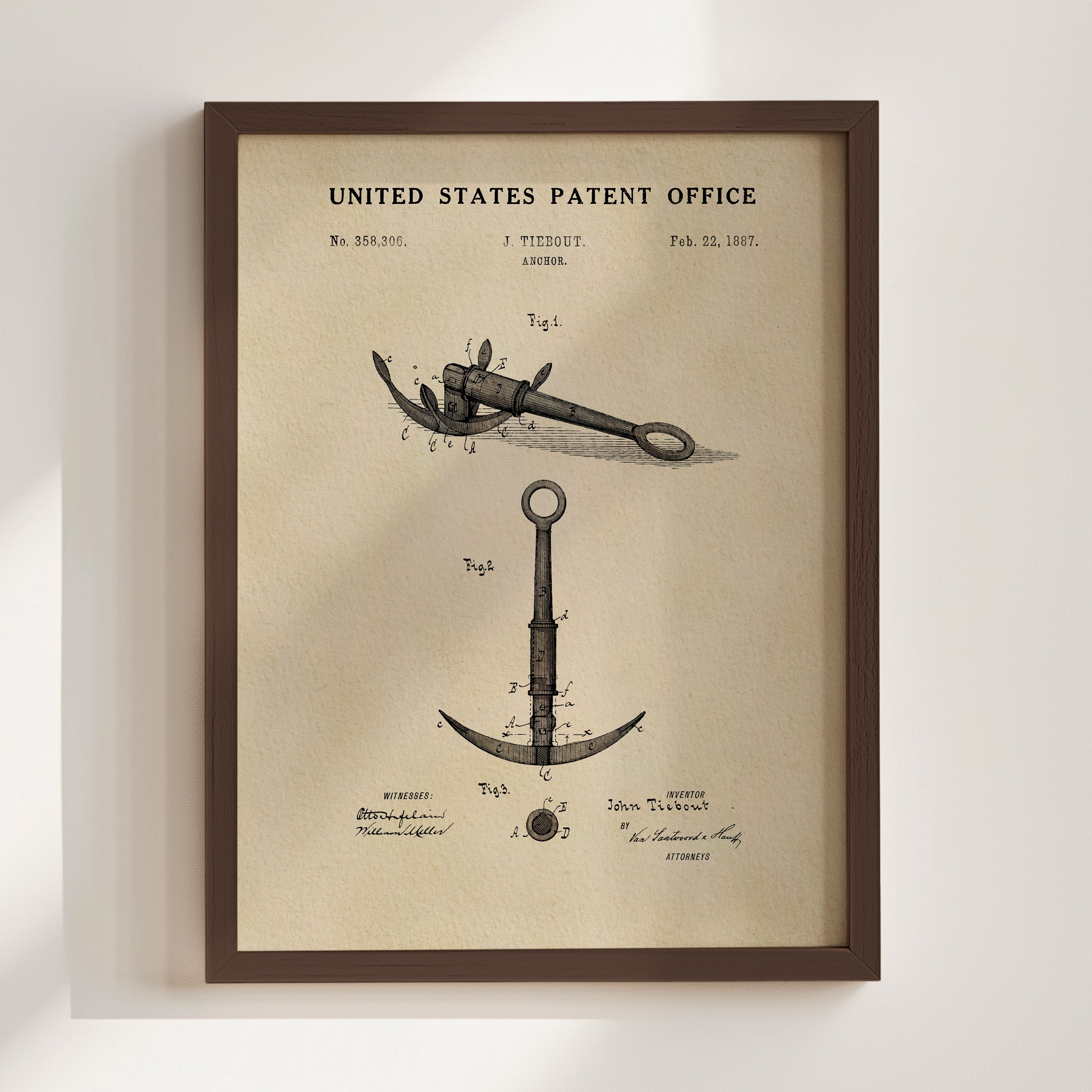 The image is a framed vintage patent drawing depicting a maritime anchor, with accompanying technical drawings and text.