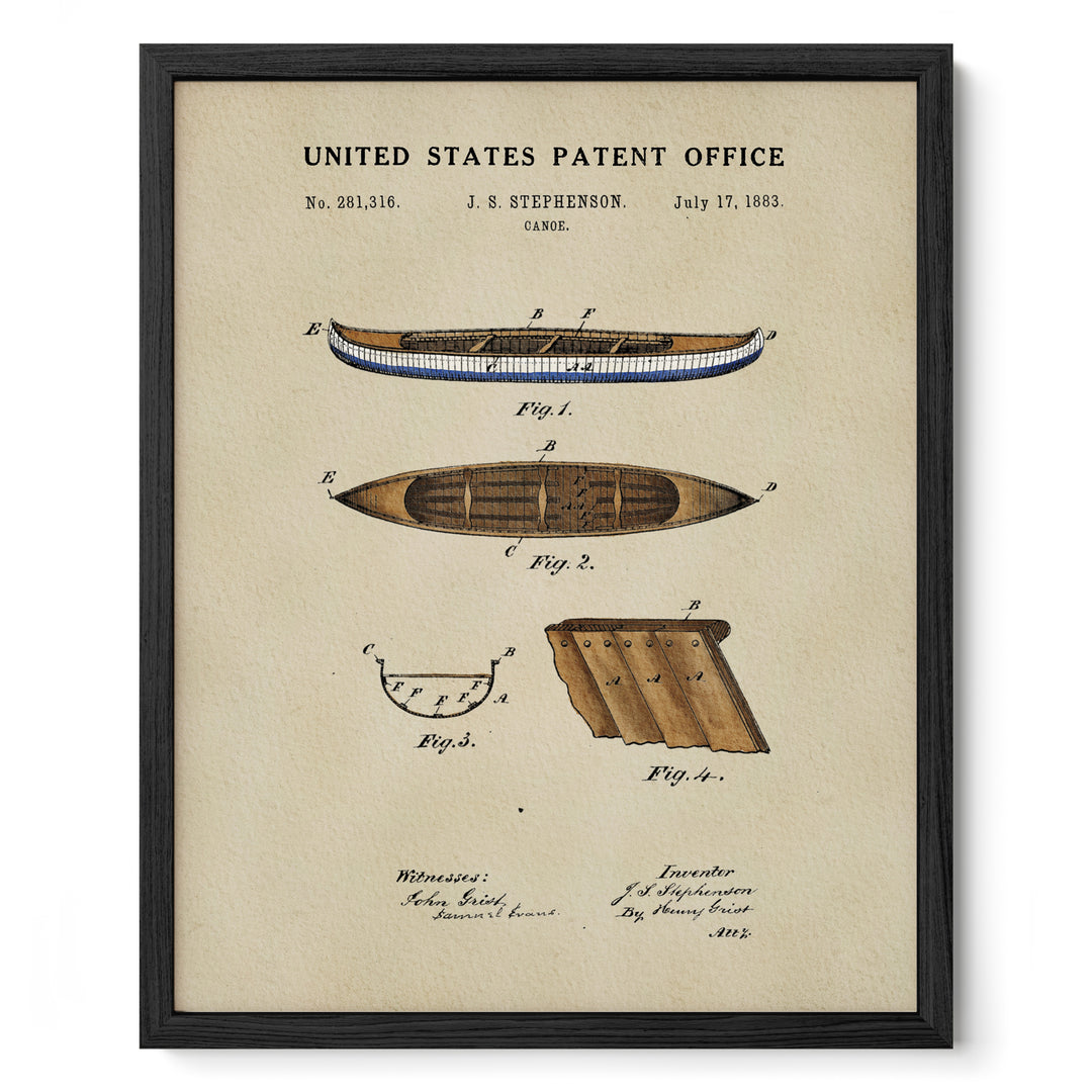 The image is a framed patent drawing depicting a canoe, featuring detailed drawings and labels.