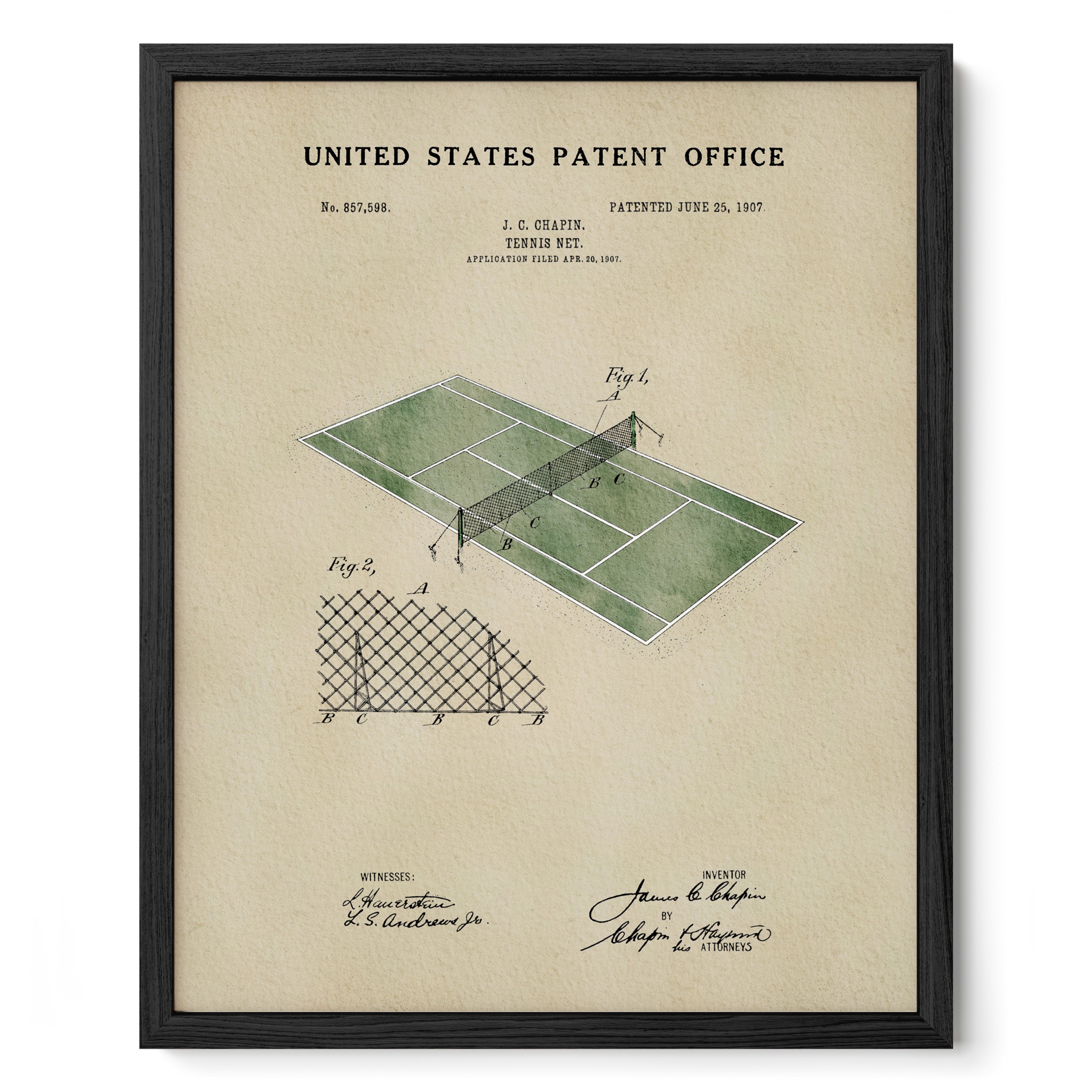 The image is a framed print depicting a patent drawing of a tennis court, with a title 