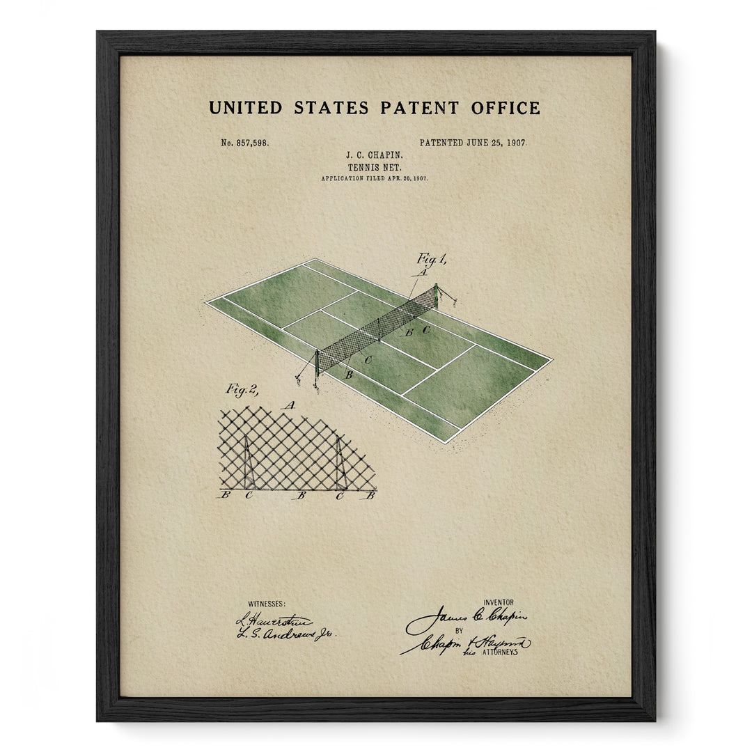 The image is a framed print depicting a patent drawing of a tennis court, with a title "United States Patent Office" and a date "J. G. Crapher, Patented June 25, 1907, Applies to Tennis Pots, Pat."