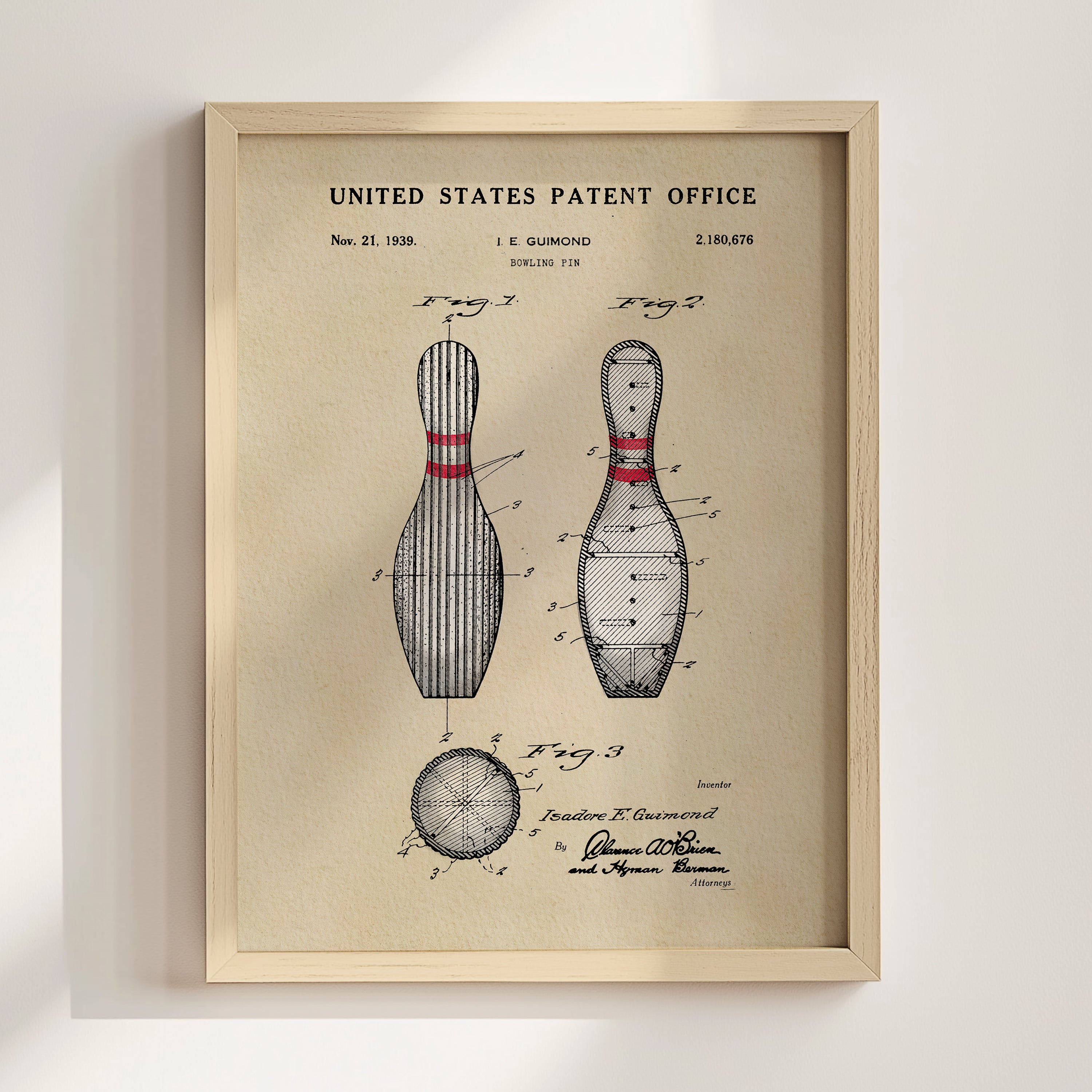 The image is a framed patent drawing of a bowling pin, depicting the design and features of the pin in detail.