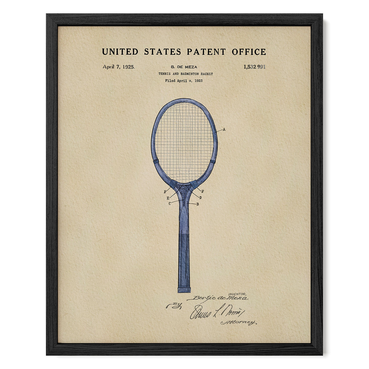 The image is a framed patent drawing of a tennis racket, depicting the design and features of the racket.