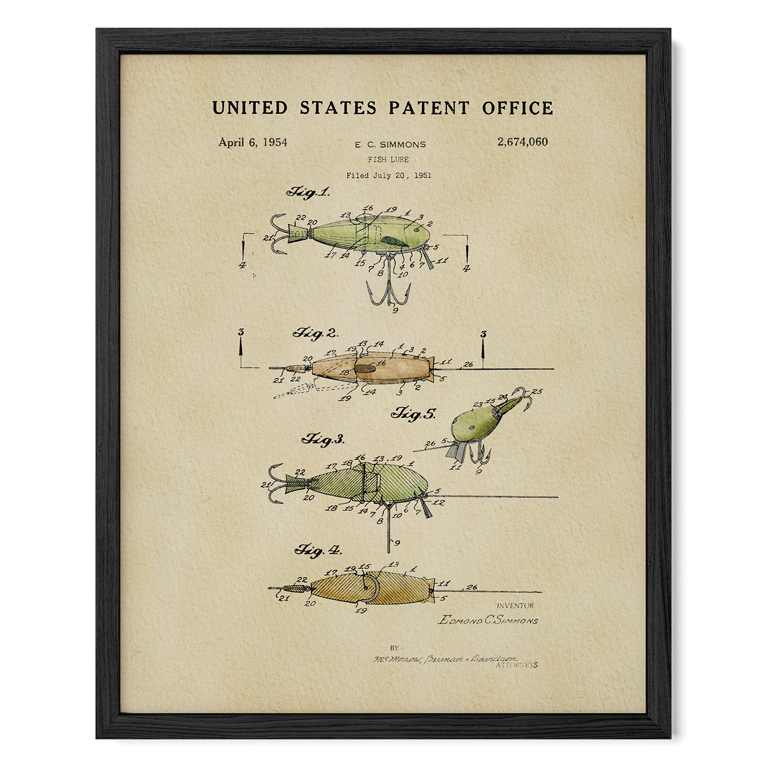 The image is a framed patent drawing depicting a fishing lure, showing the step-by-step process of how it works.