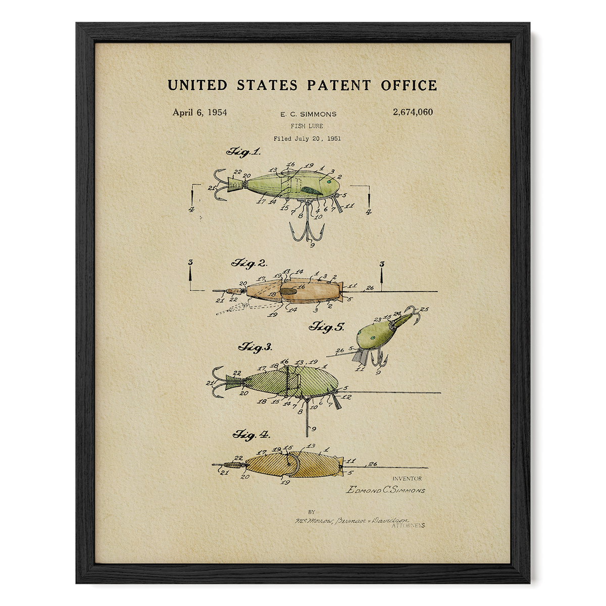 The image is a framed patent drawing depicting a fishing lure, showing the step-by-step process of how it works.
