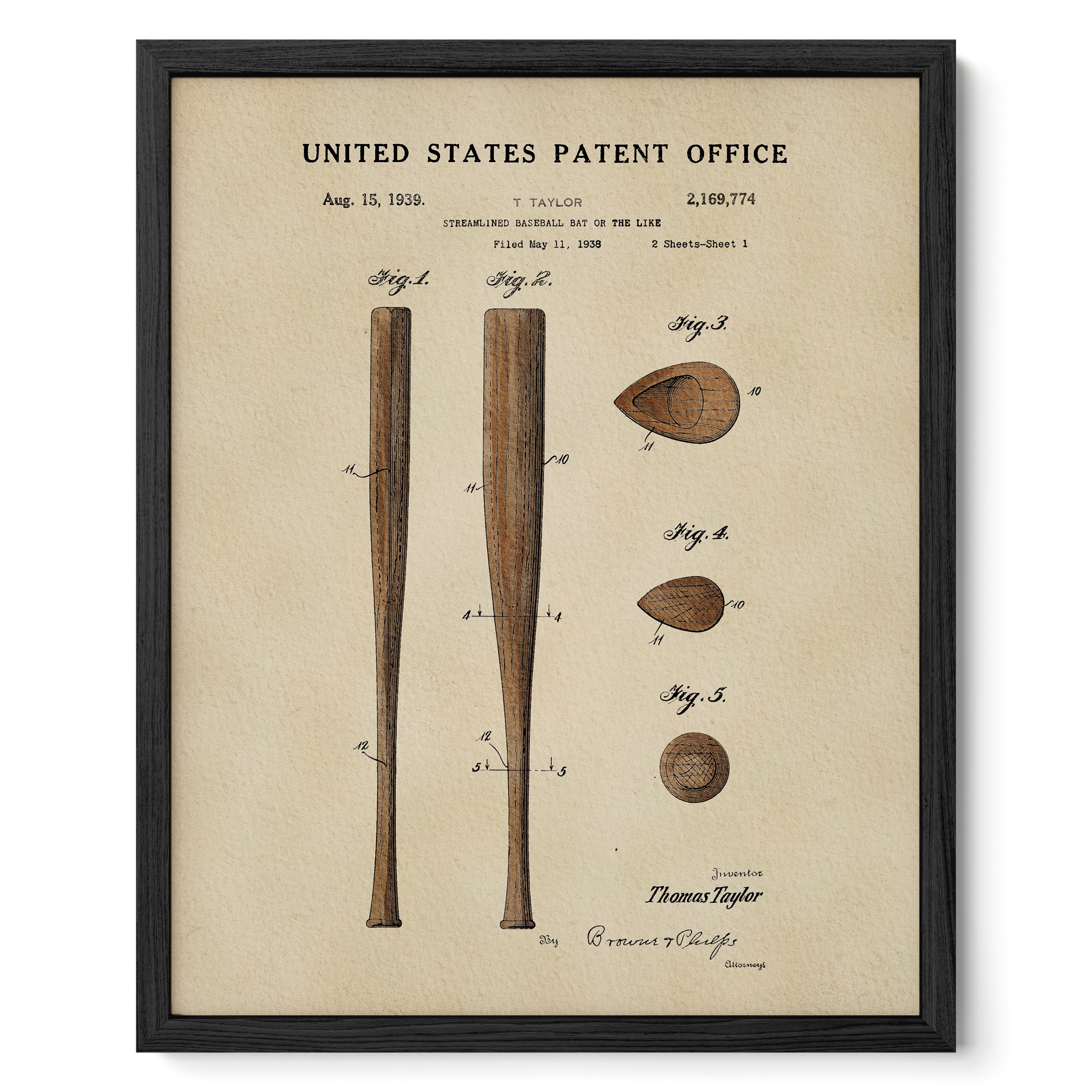 The image is a framed patent drawing of a baseball bat from the United States Patent Office, dated August 15, 1935.