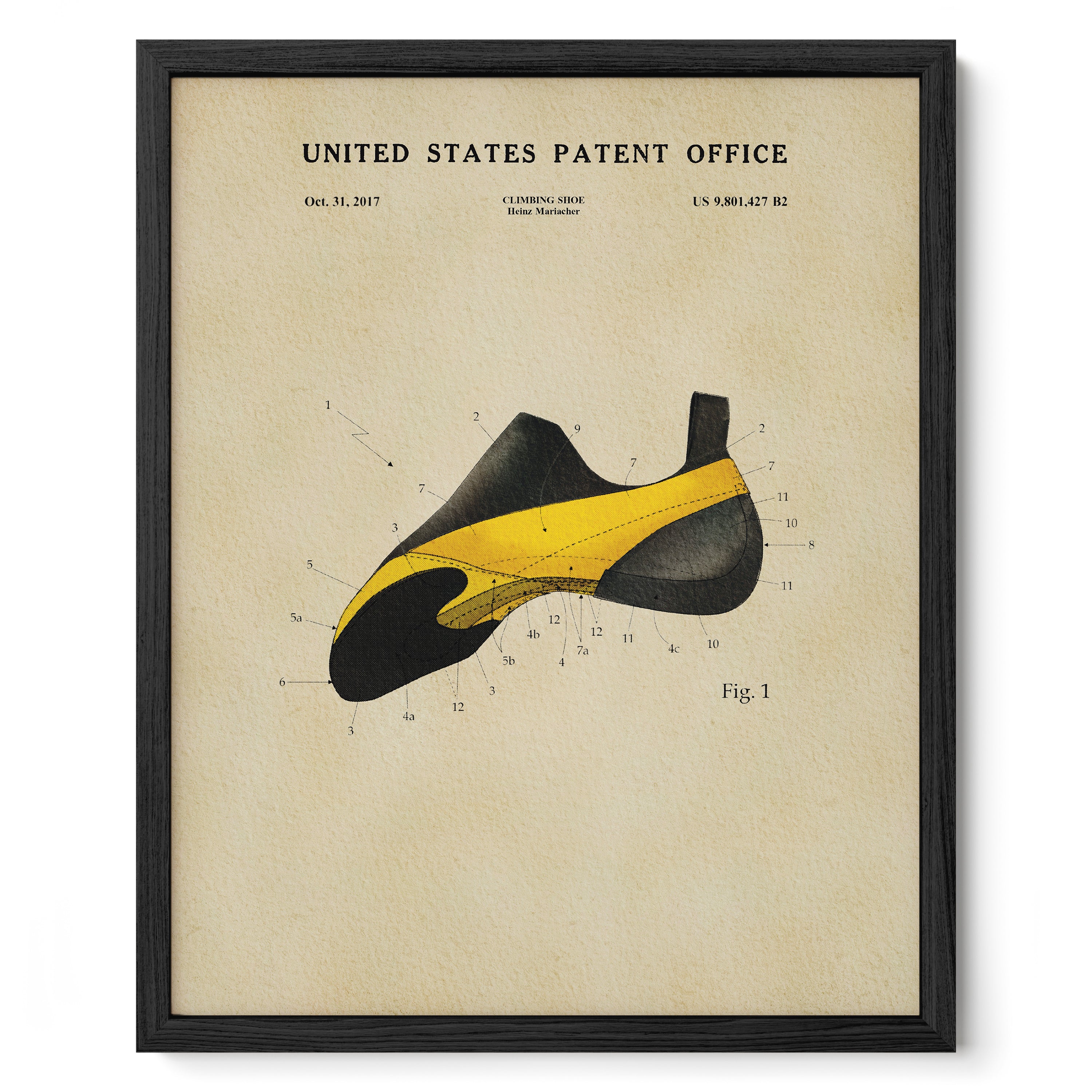 The image is a framed print depicting a detailed illustration of a shoe, with various numbered parts and labels.