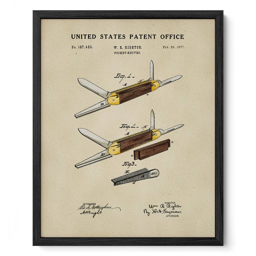 The image is a framed patent drawing depicting a folding knife with a wooden handle and a metal blade.