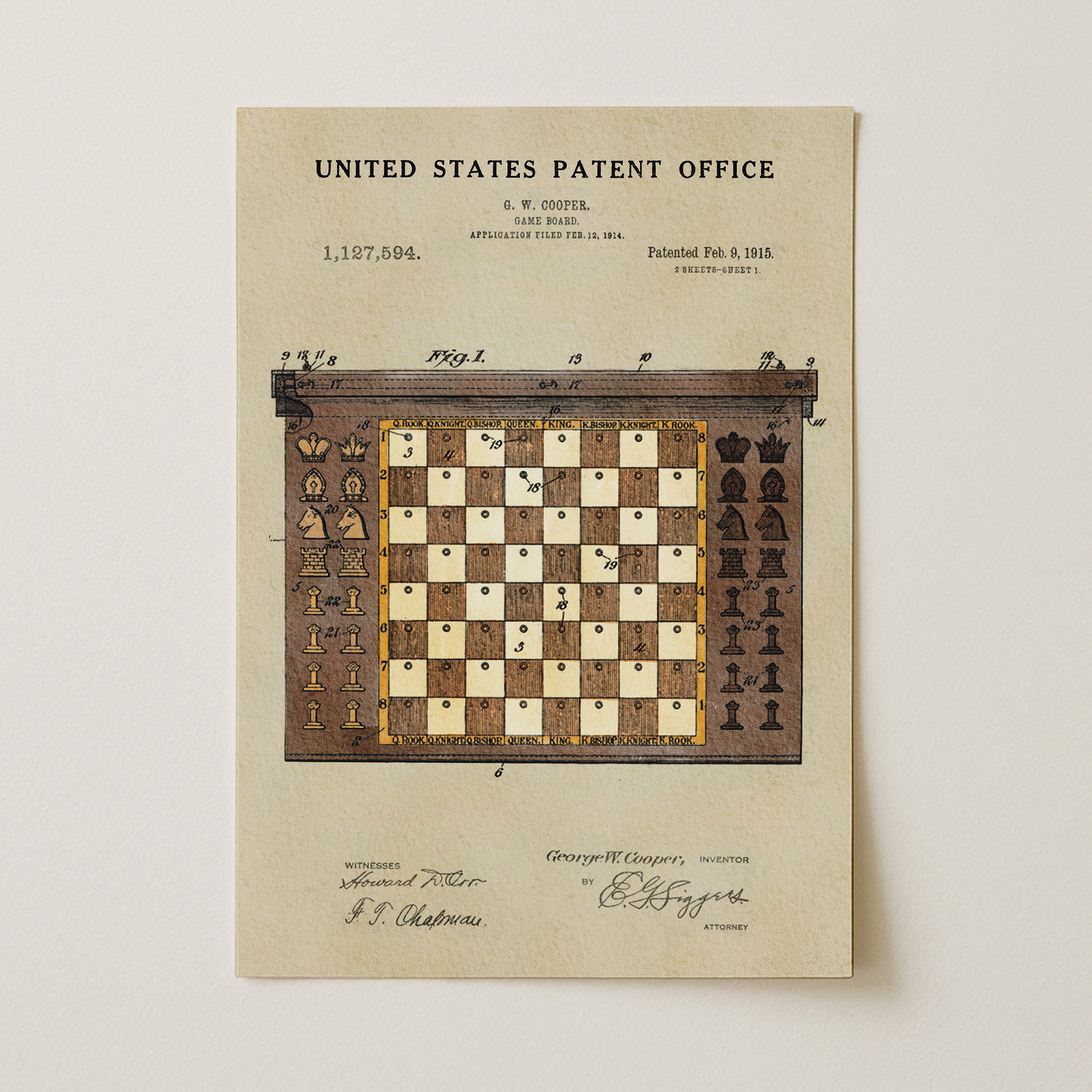 The image is a printed page from the United States Patent Office, featuring a detailed illustration of a chess board with a caption and signature.