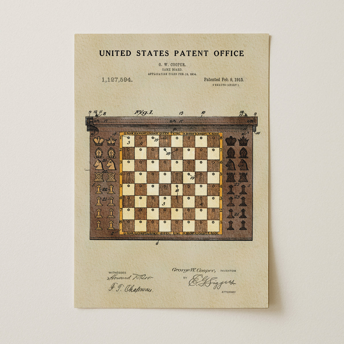 The image is a printed page from the United States Patent Office, featuring a detailed illustration of a chess board with a caption and signature.