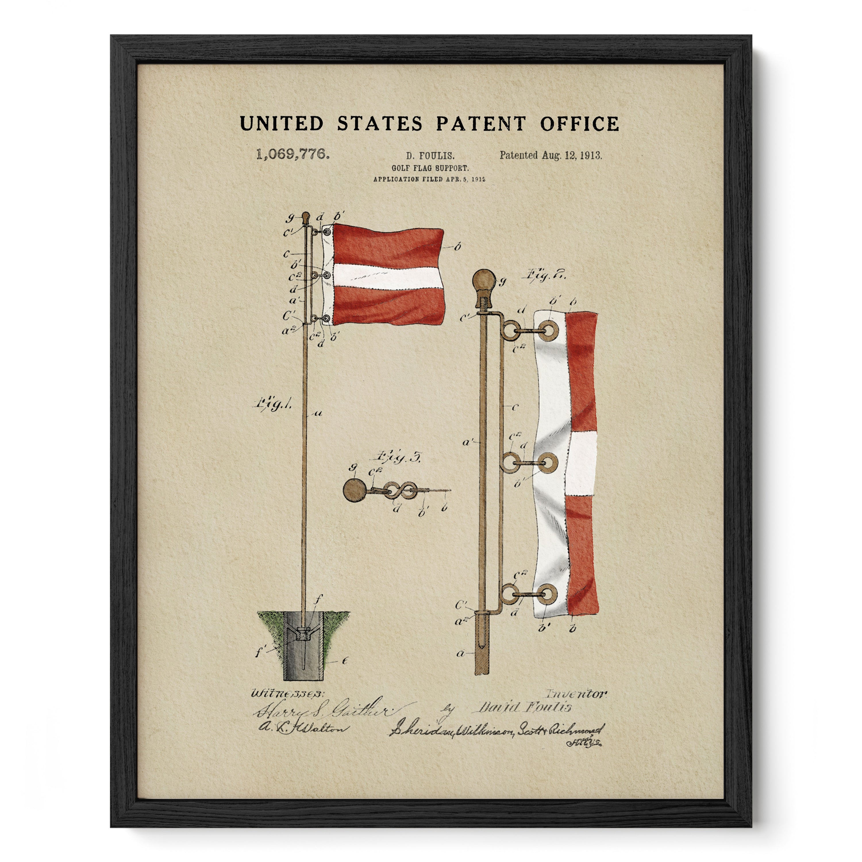 The image is a framed print depicting a patent application for a golf flag pole.