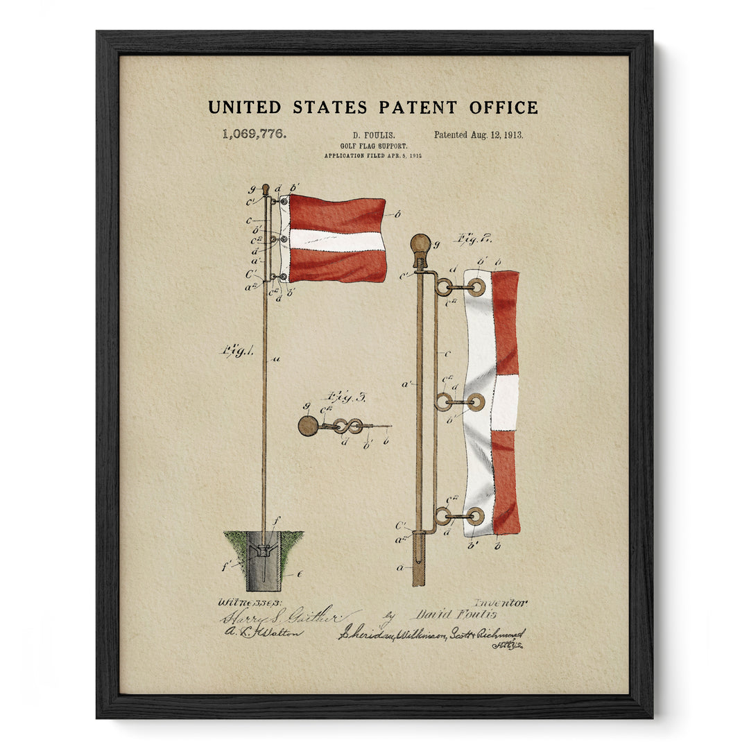 The image is a framed print depicting a patent application for a golf flag pole.
