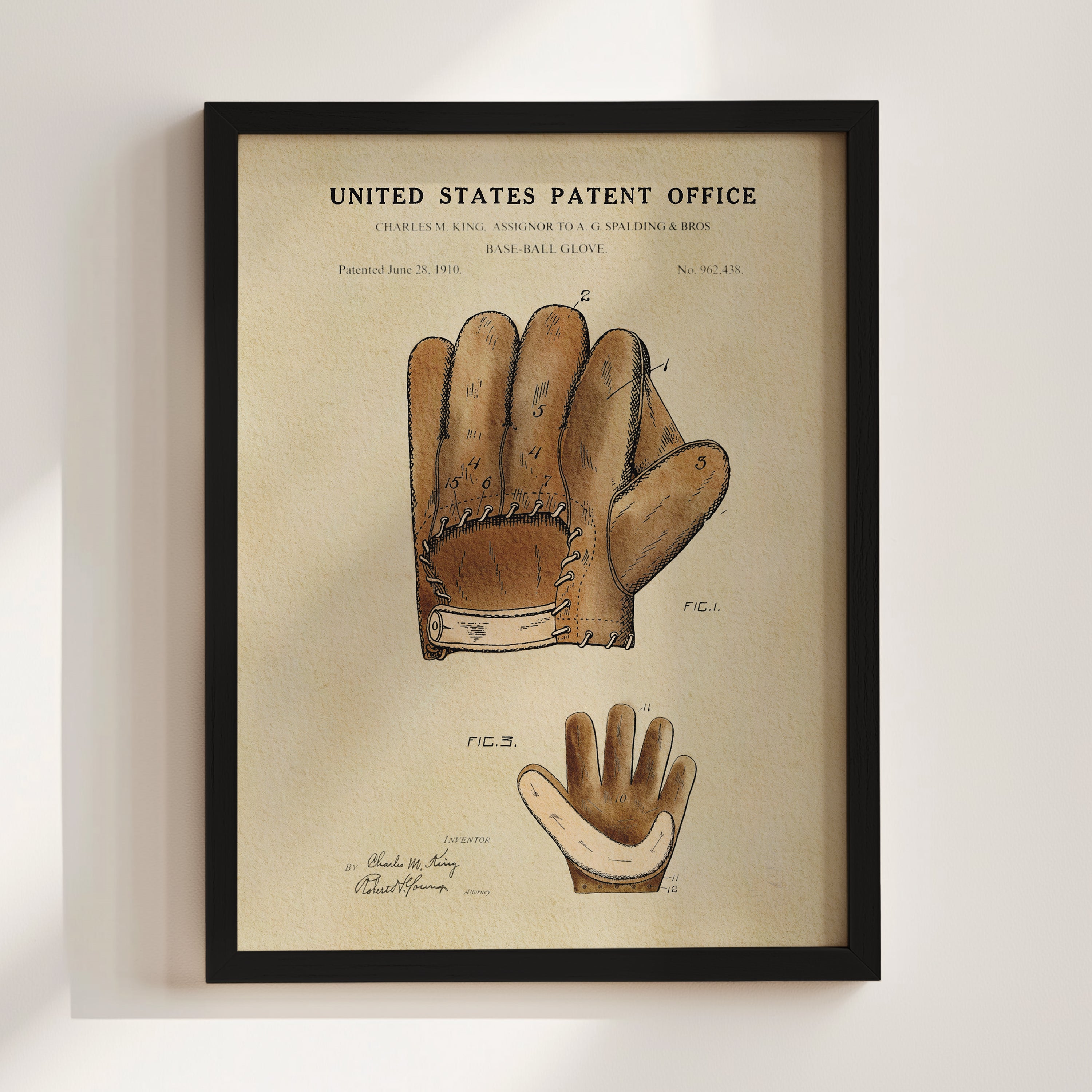 The image is a framed patent drawing of a baseball glove, depicting the glove's design and features.