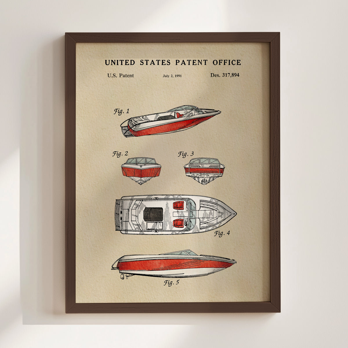 The image is a framed print of a United States patent office patent from January 1, 1901, with the title "United States Patent Office" at the top. The print features various technical drawings and specifications of a boat, including figures labeled "Fig. 1", "Fig. 2", "Fig. 3", "Fig. 4", and "Fig. 5".
