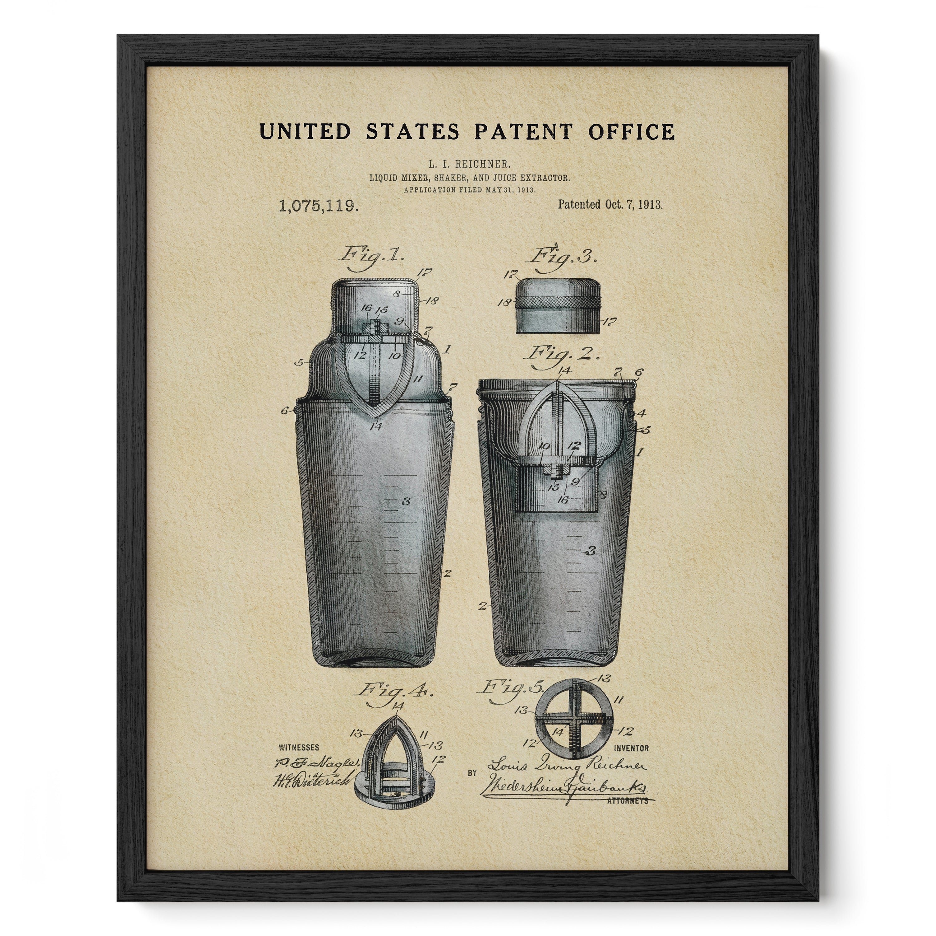 The image is a framed vintage patent drawing of a cocktail shaker, depicting the design and features of the original invention.
