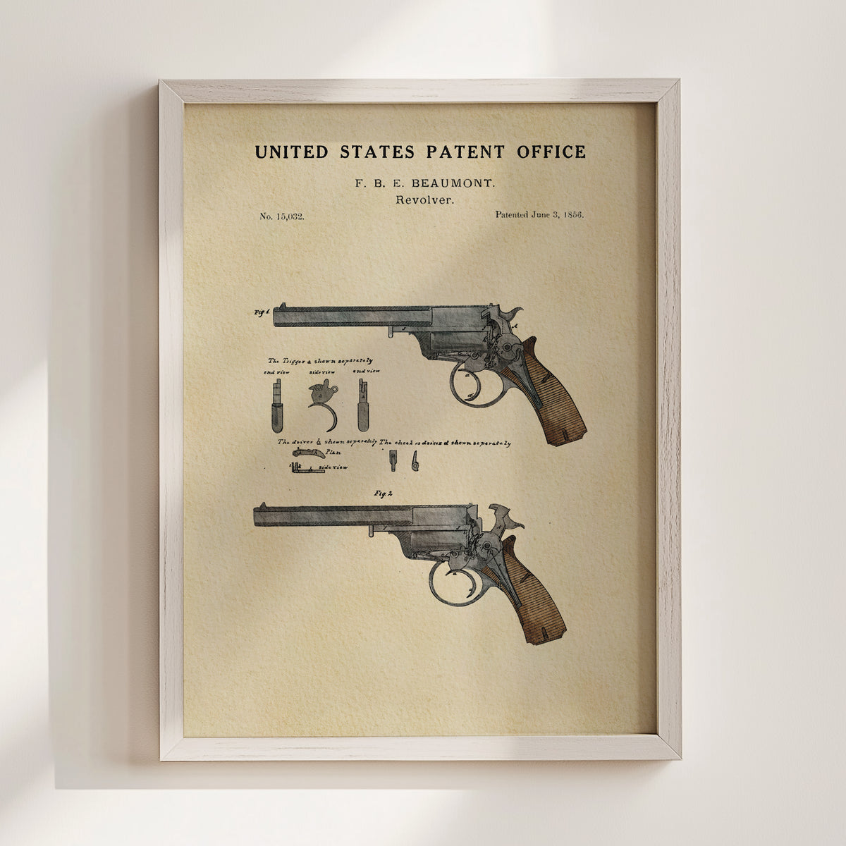 The image is a framed print of a United States patent office patent for a Revolver, dated June 15, 1858.