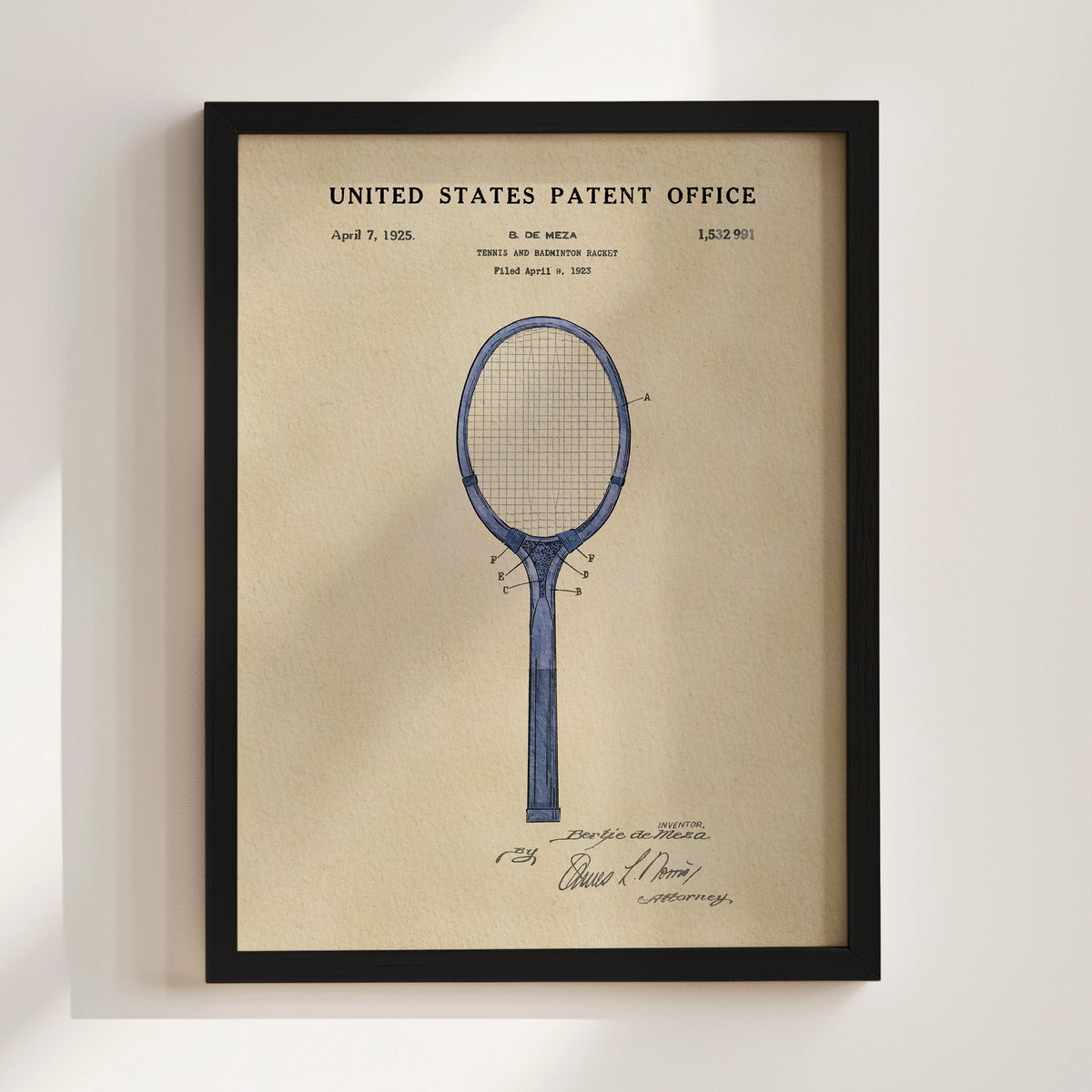 The image is a framed patent drawing of a tennis racket, depicting the design and features of the racket.