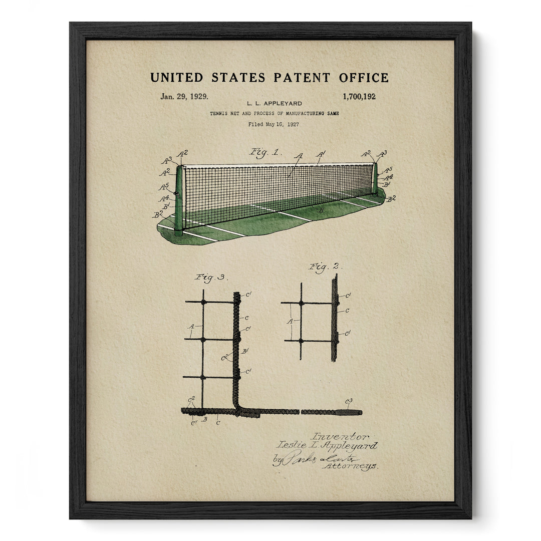 The image is a framed patent drawing from the United States Patent Office, depicting a tennis net and court.
