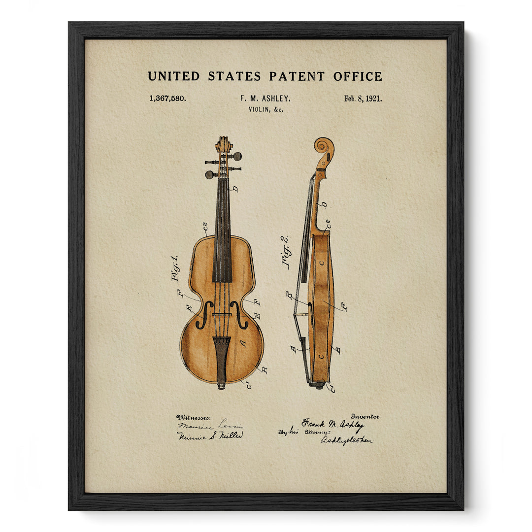 The image is a framed print depicting a violin, which is a musical instrument.