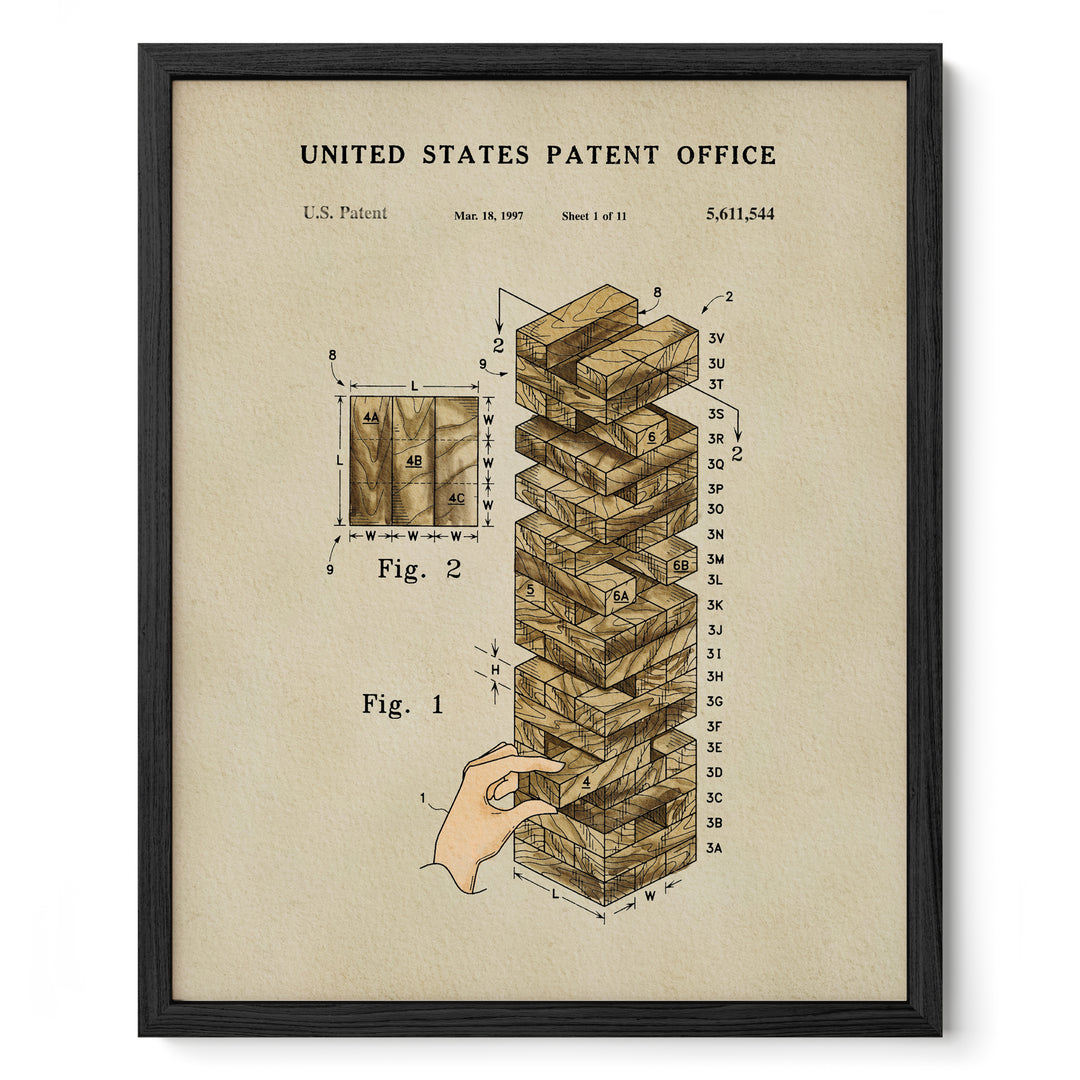 The image is a framed print depicting a patent filing for a Jenga block game. It features a hand reaching for a block, and the title "United States Patent Office" is displayed at the top. The image also includes a diagram of the Jenga block structure and a list of numbers indicating the block sizes.