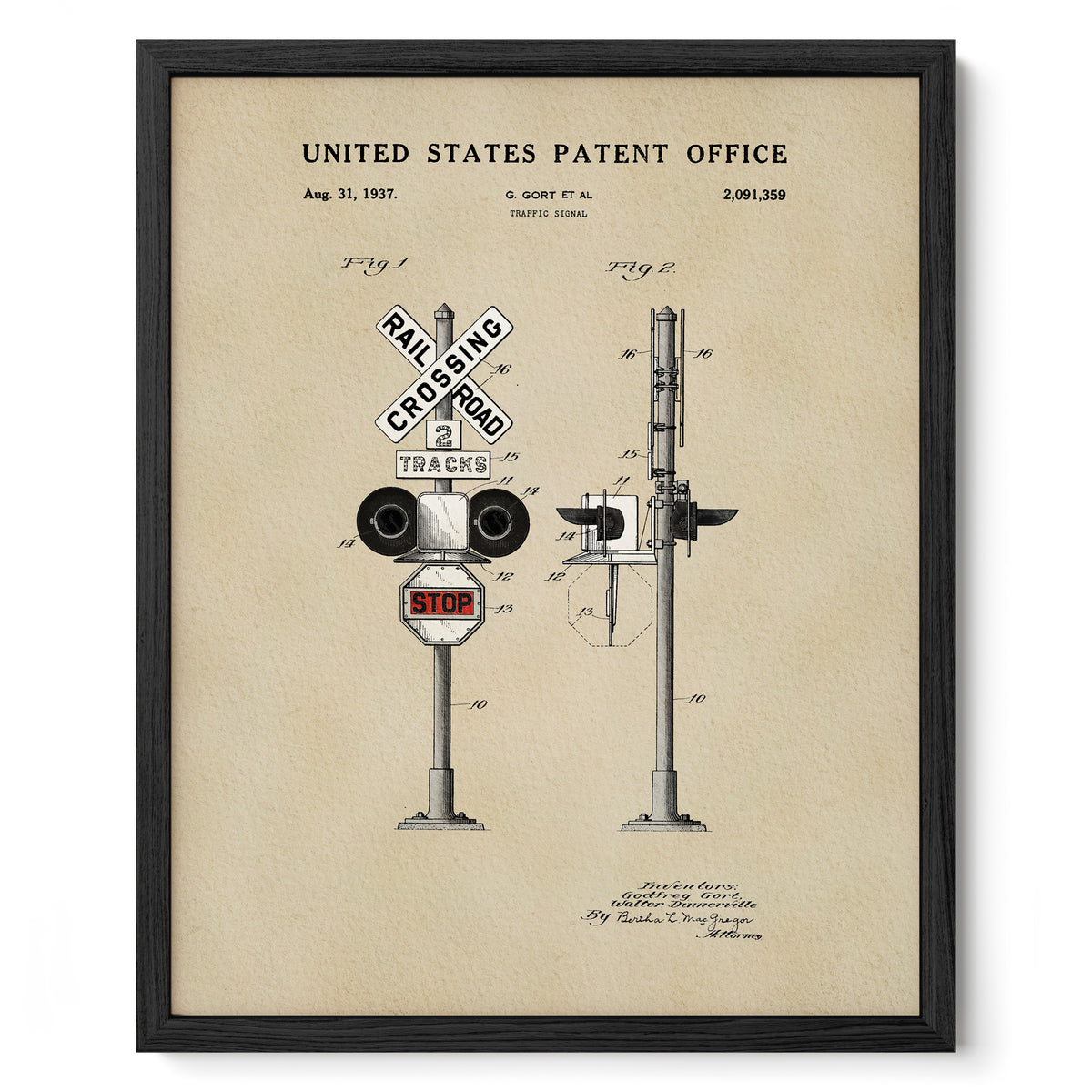 The image is a framed patent drawing depicting a railroad crossing signal, specifically a stop sign.