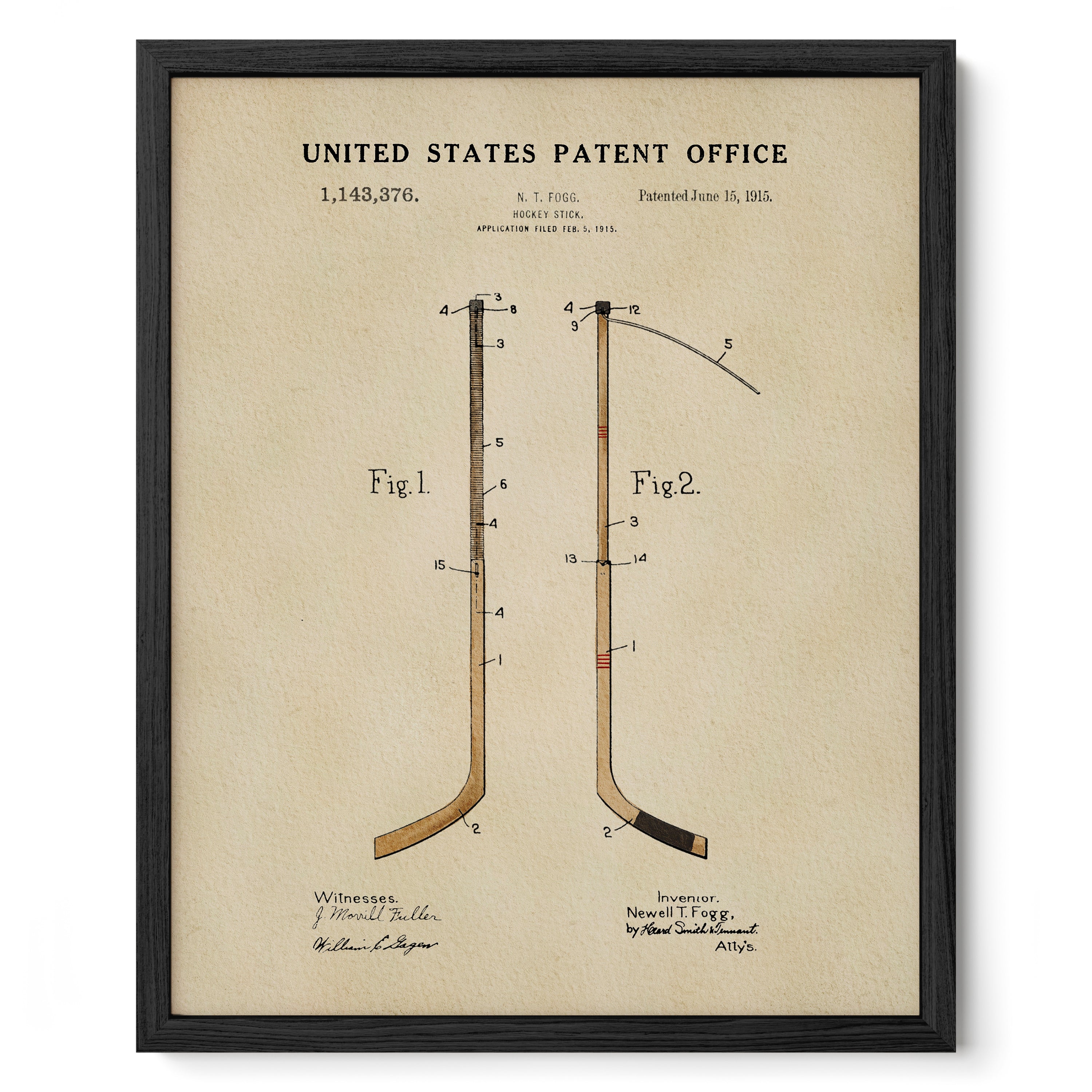 The image is a framed print of a United States patent from June 15, 1815, depicting a hockey stick with a curved blade and a curved handle.