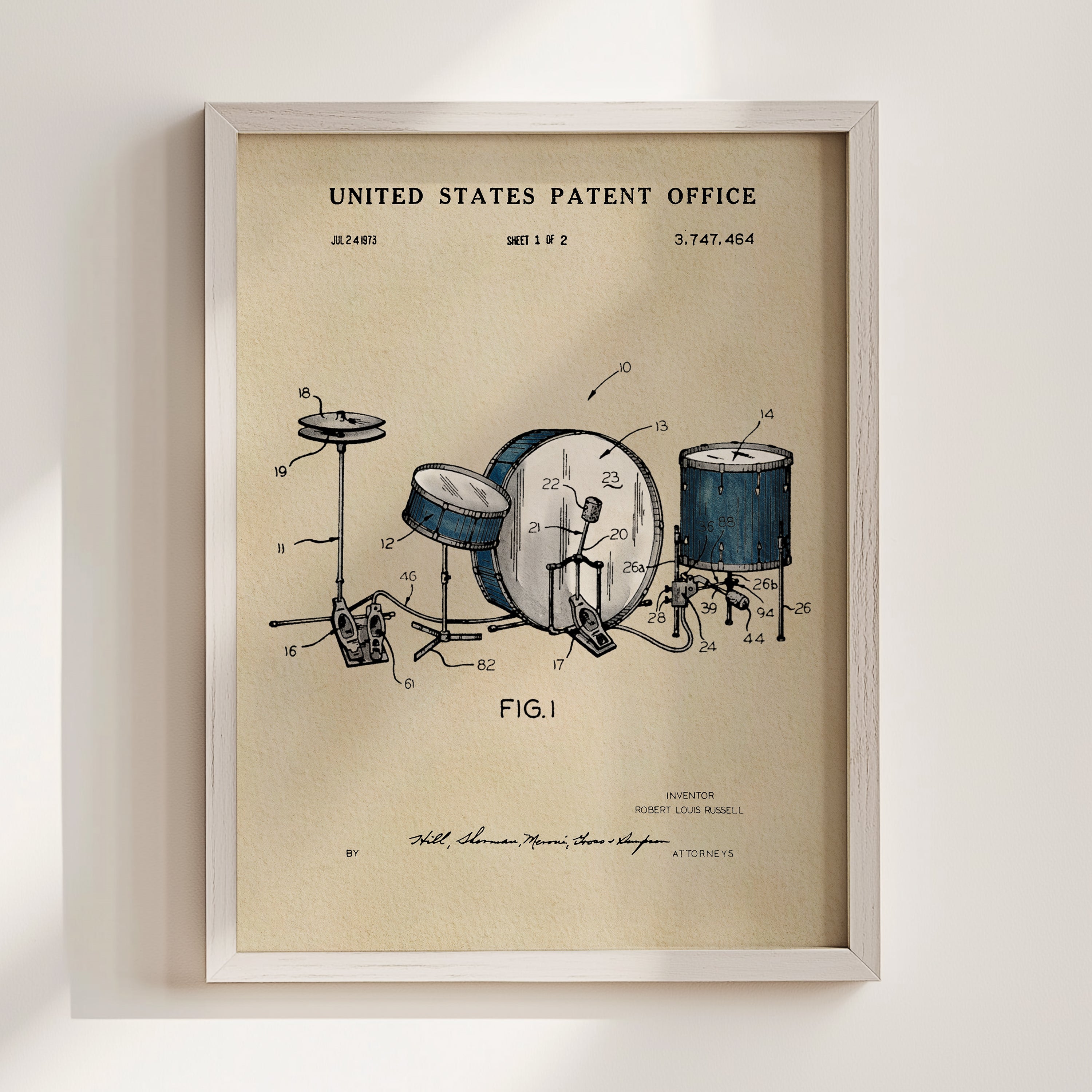 The image is a framed patent drawing depicting a drum set, with various technical drawings and labels.