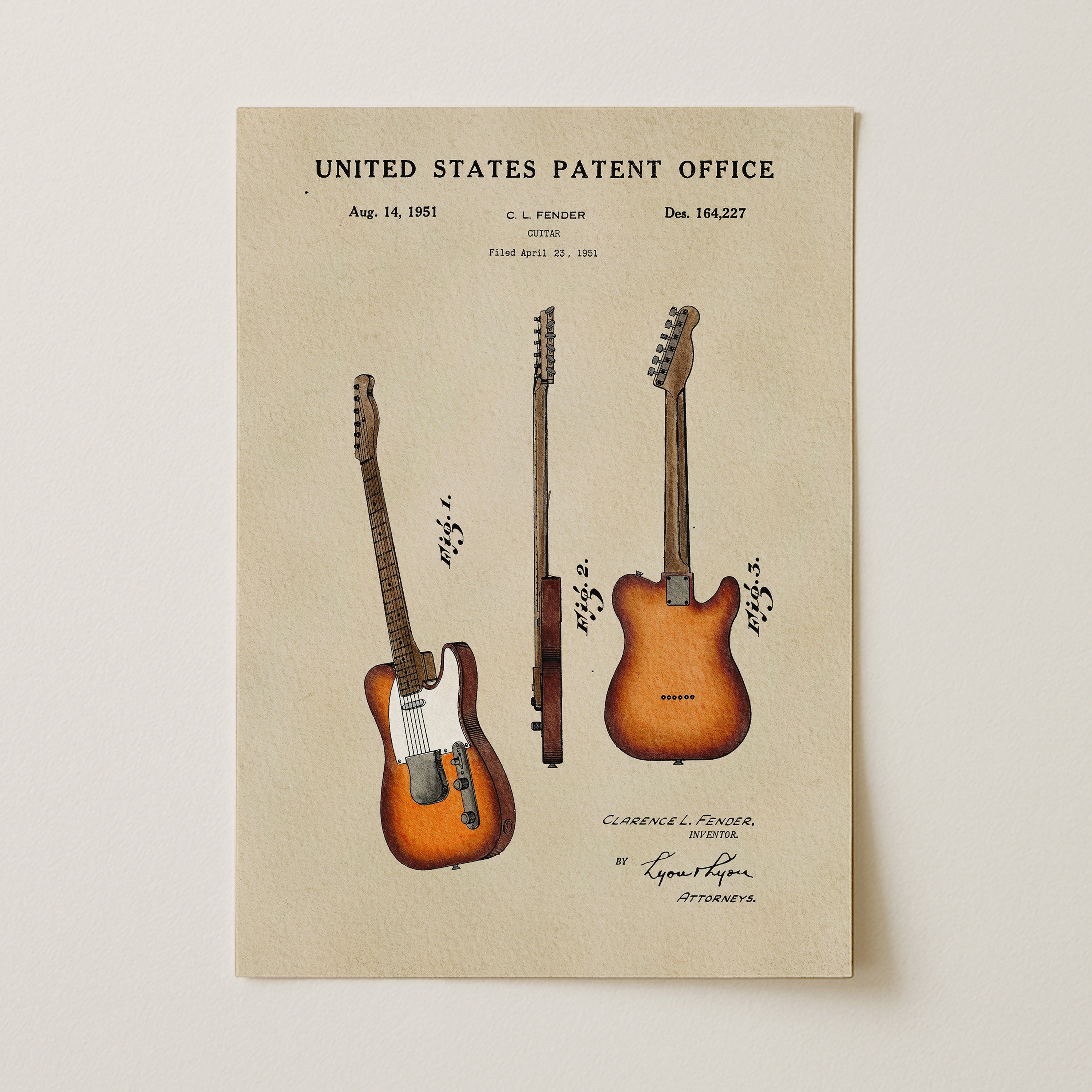 The image is a patent drawing of a guitar, depicting a Fender Telecaster guitar with a distinctive brown finish.