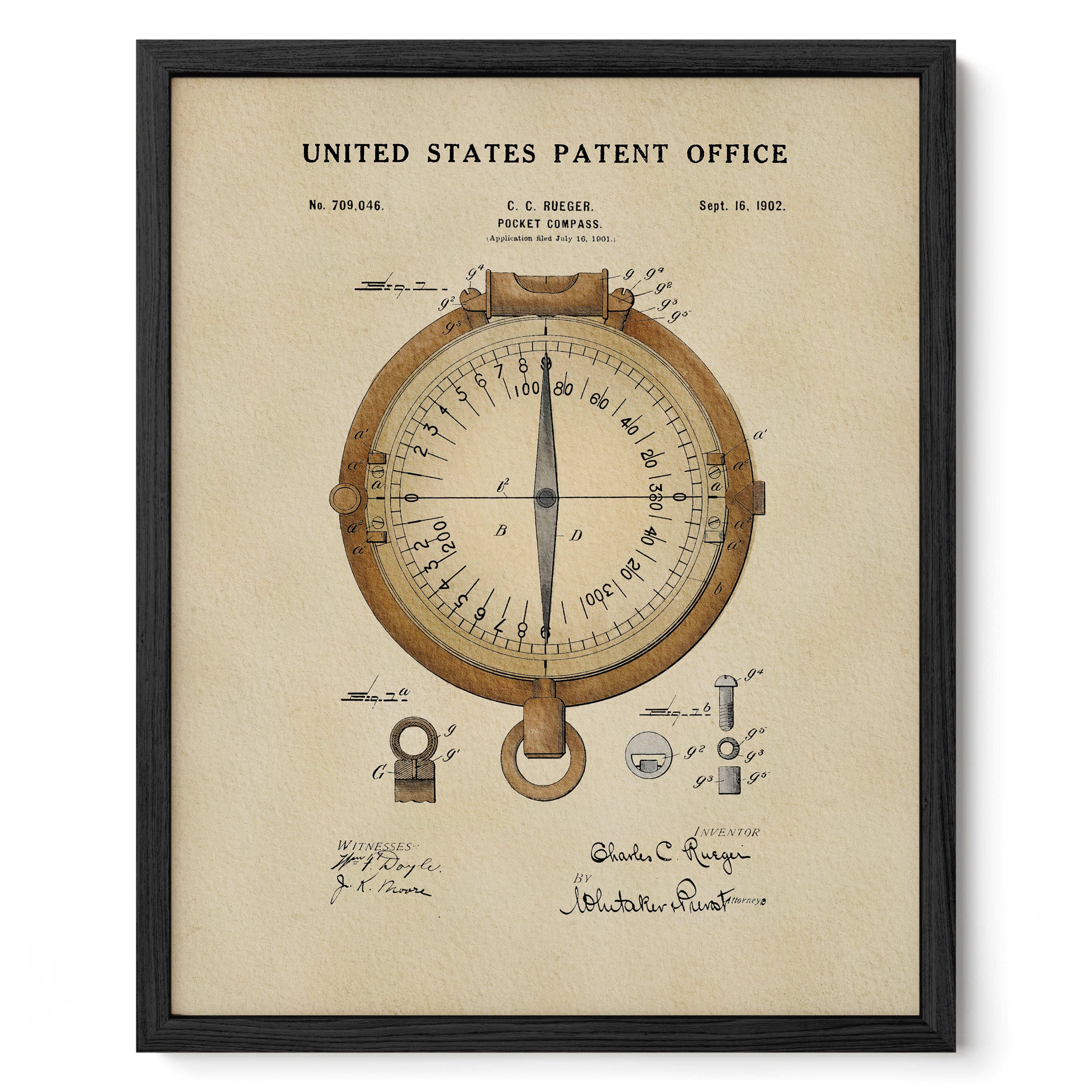 The image is a framed patent drawing of a compass, depicting the United States Patent Office from Sept. 18, 1902.