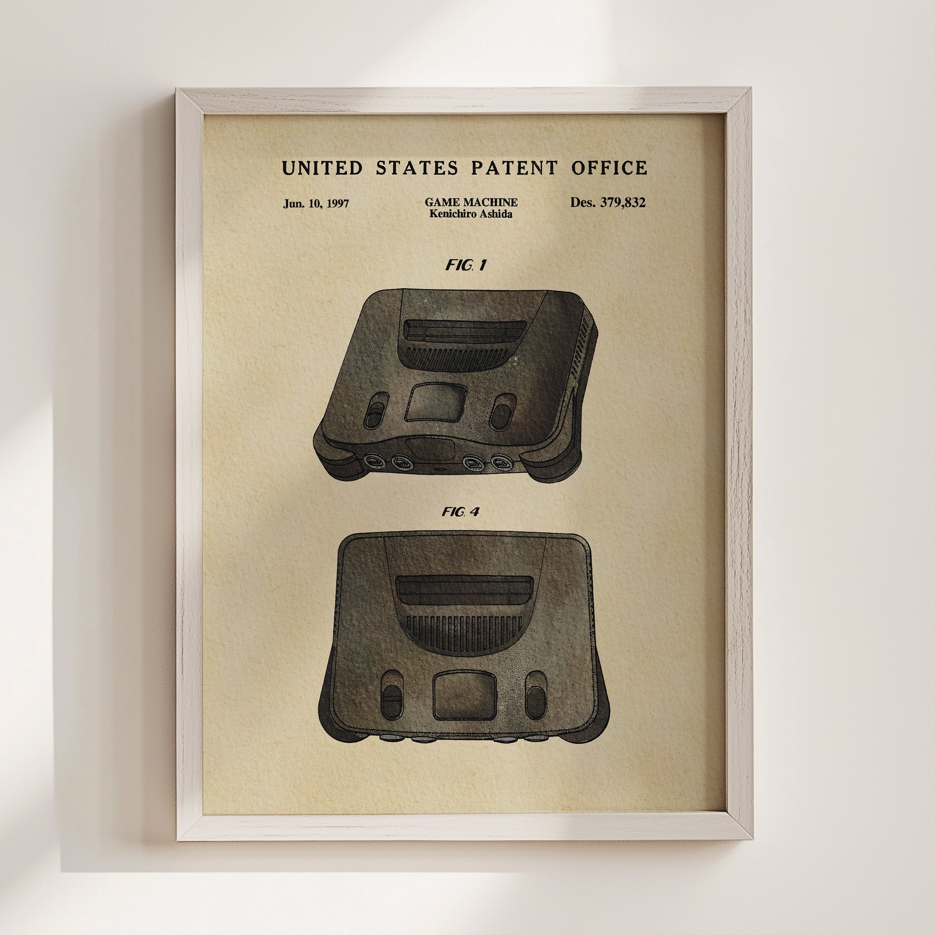 The image is a framed patent drawing of a game machine, specifically the Kenwood Asha, which was designed by Kenwood and Asha.