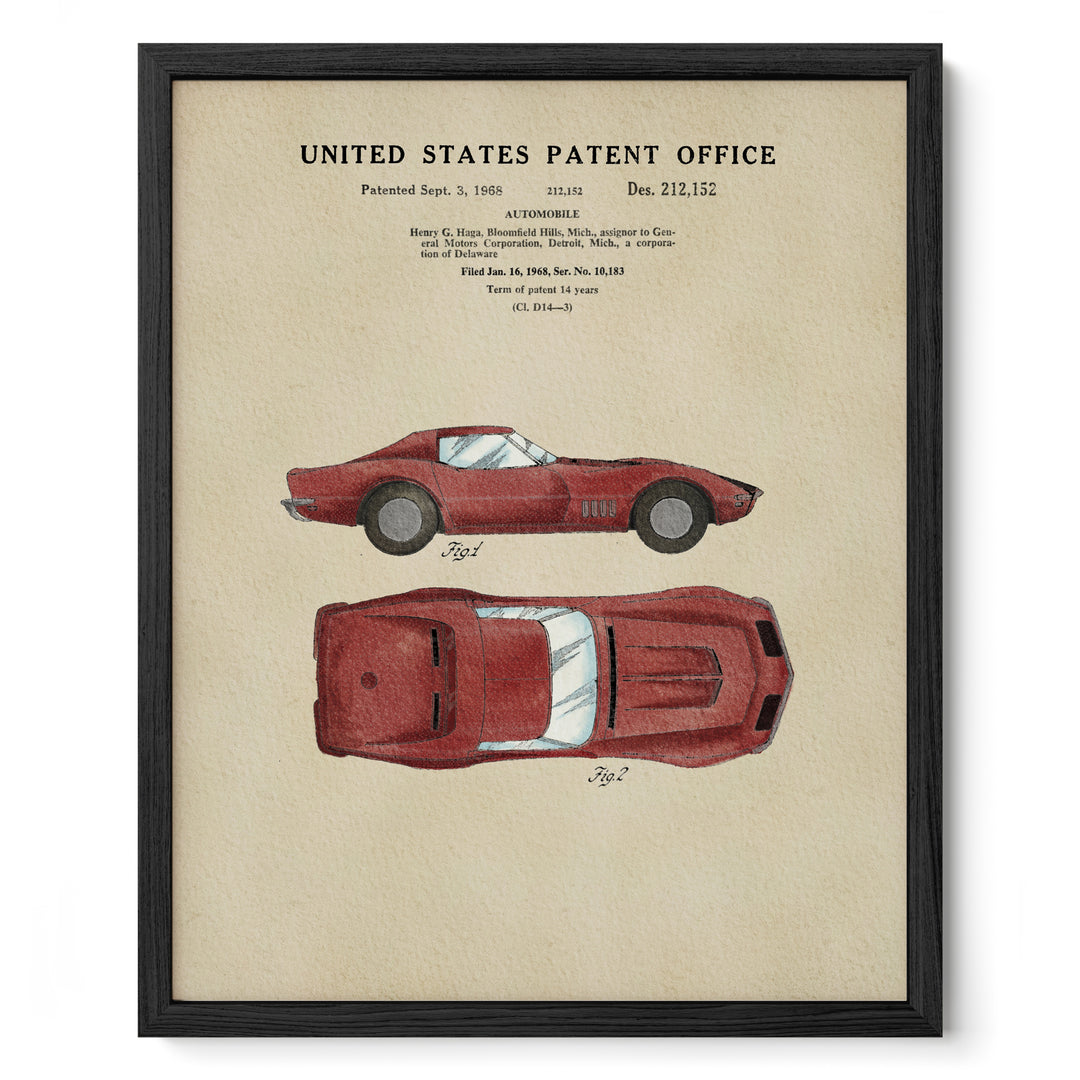 The image is a framed print of a United States patent office patent from 1965, featuring a detailed illustration of a red sports car.