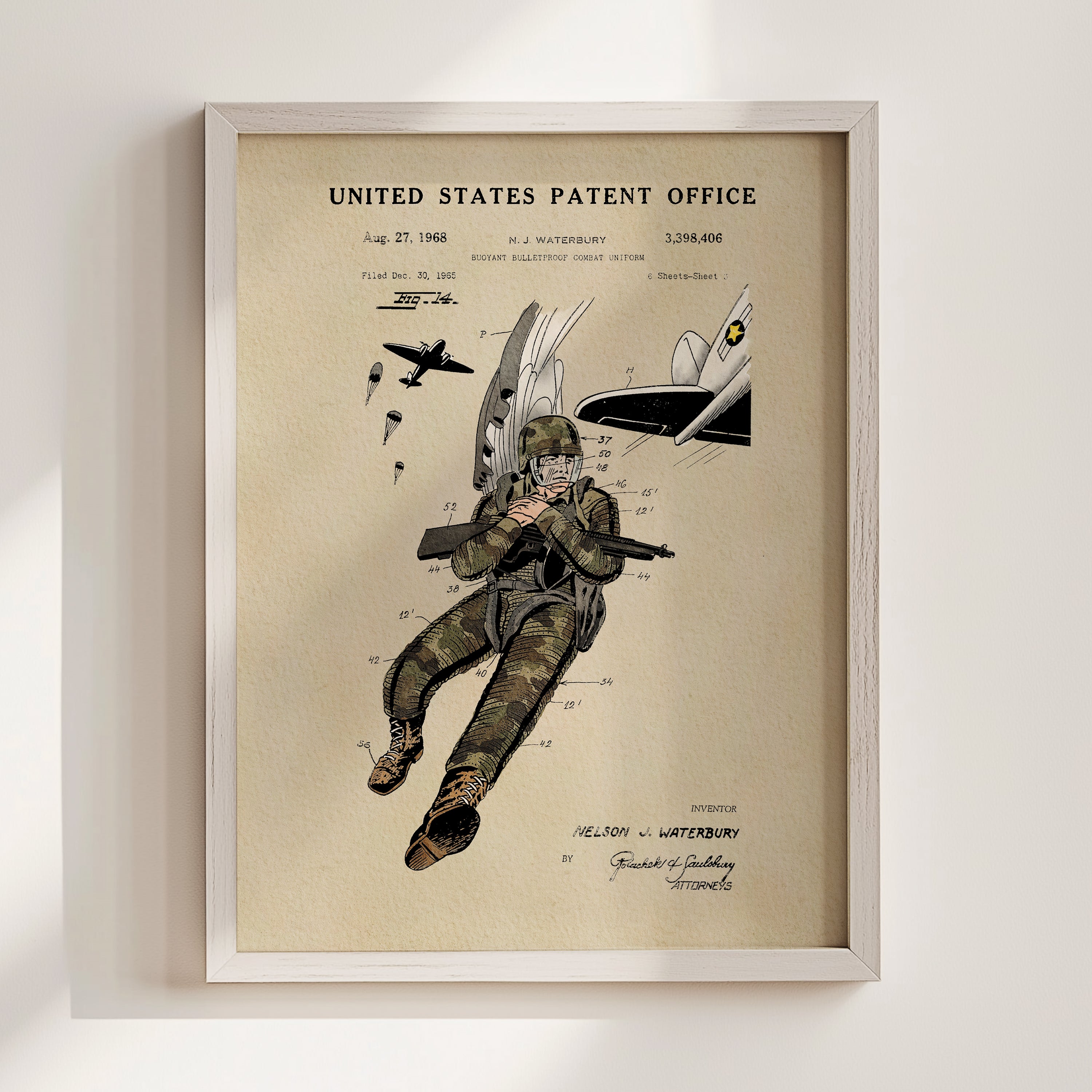 The image is a framed illustration depicting a soldier in camouflage uniform, holding a rifle, and flying a fighter jet.