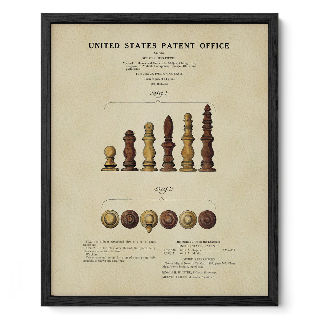 The image is a framed print of a United States Patent Office patent application, featuring a detailed illustration of a chess piece and its corresponding patent filing information.