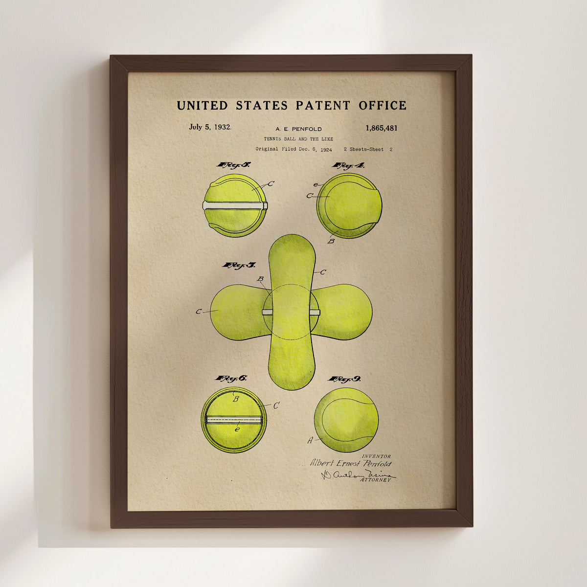 The image is a framed print of a patent drawing from July 5, 1932, depicting a tennis ball and racket.