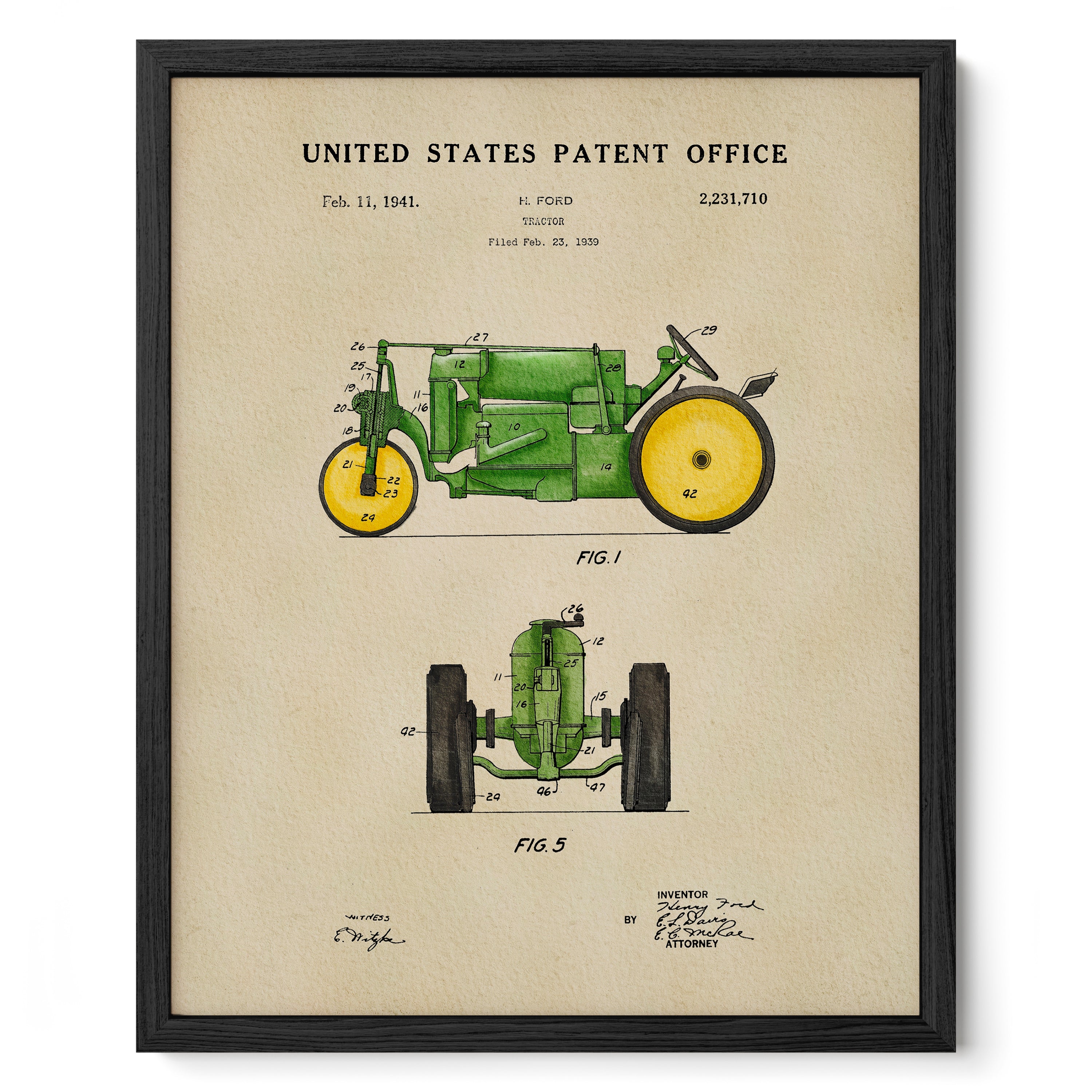 The image is a framed print of a United States patent from February 11, 1941, dated February 28, 1939. It features a detailed drawing and technical specifications of a tractor, including its design, features, and dimensions.