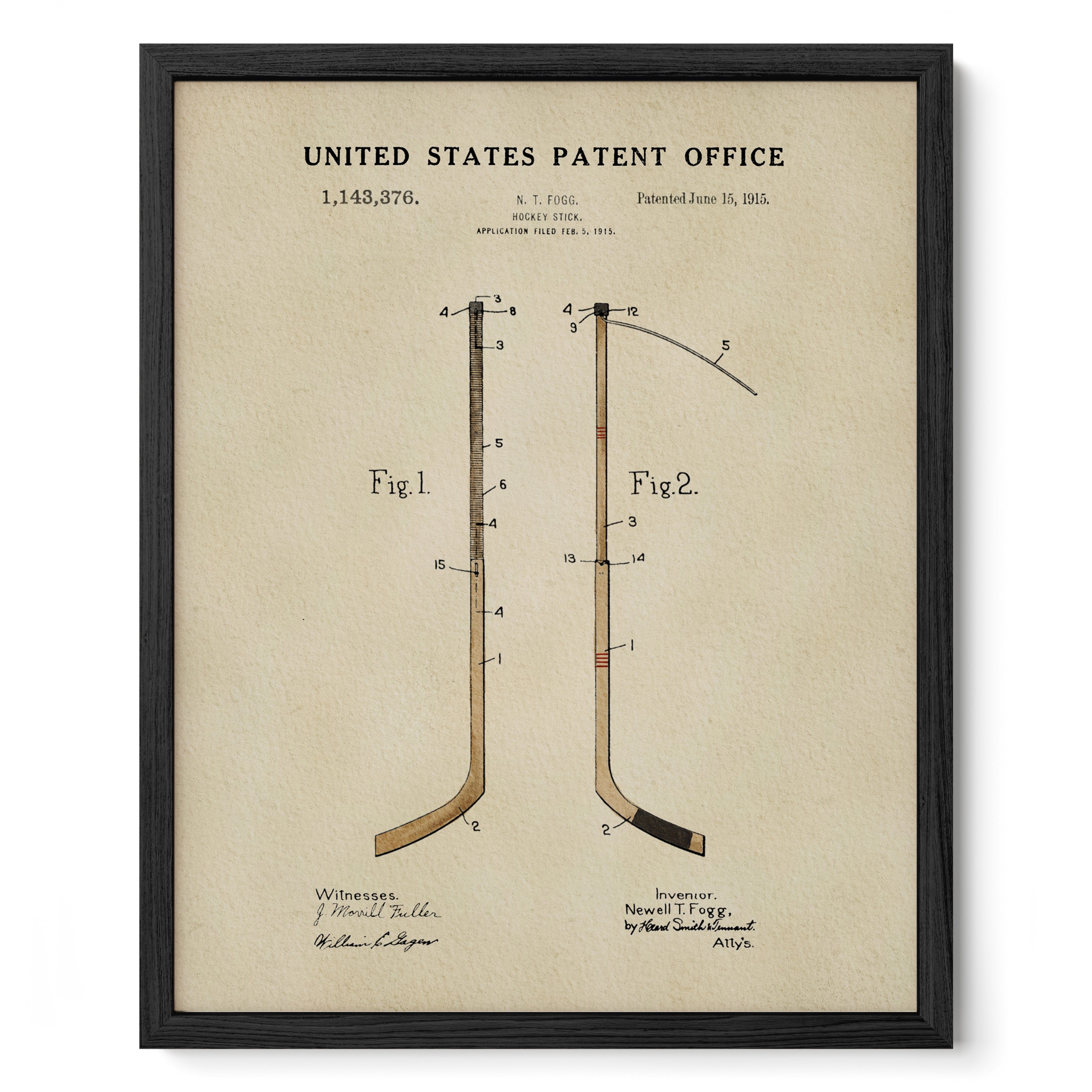 The image is a framed print depicting a patent drawing of a hockey stick, with the United States Patent Office and the date of the patent filing.