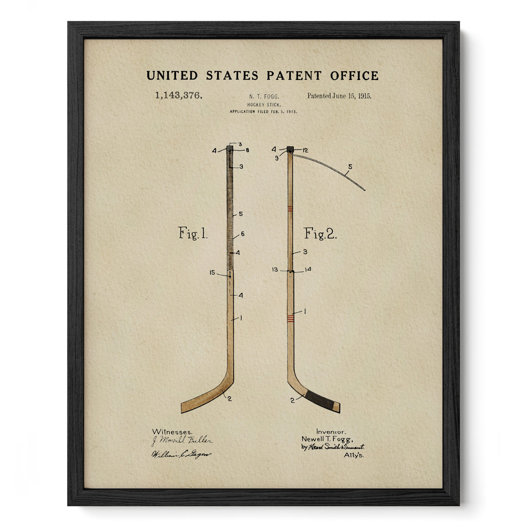 The image is a framed print depicting a patent drawing of a hockey stick, with the United States Patent Office and the date of the patent filing.
