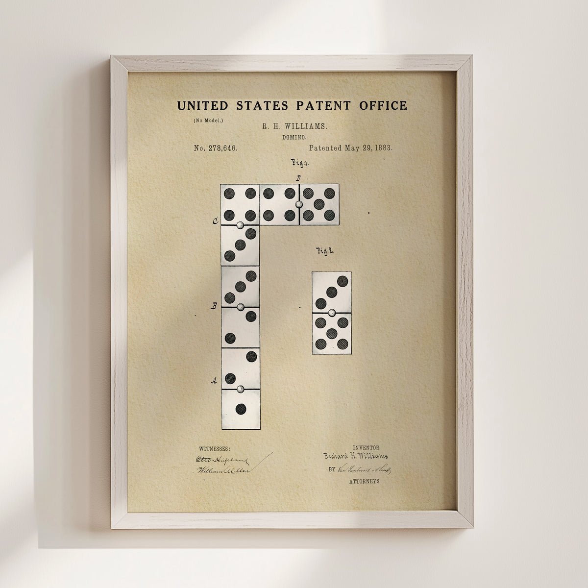 The image is a framed print of a United States patent office patent from March 28, 1983, depicting a domino chain.