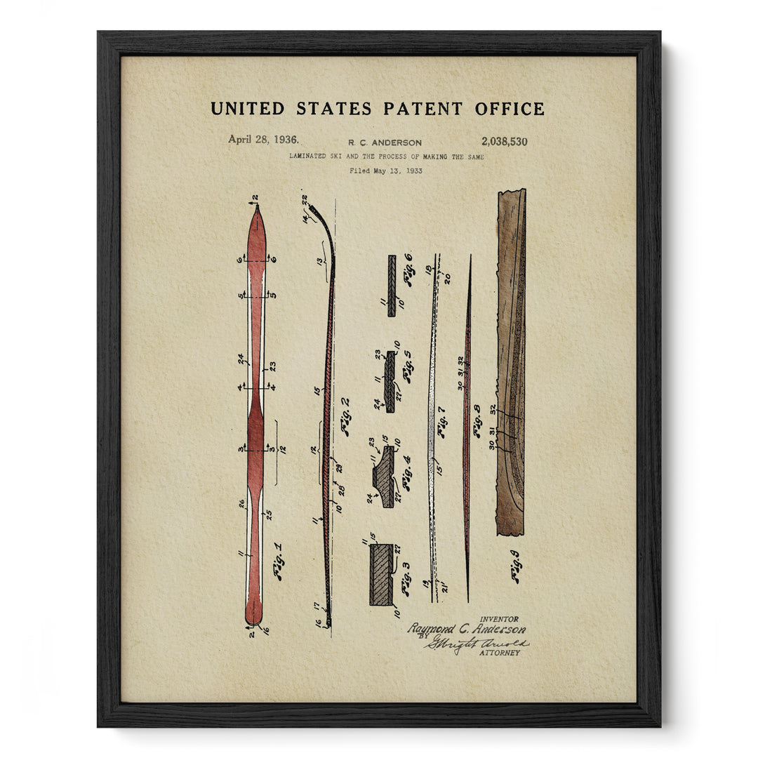 The image is a framed print depicting a patent application from the United States Patent Office dated April 28, 1938. It features a red ski and various technical drawings and specifications related to the patent.