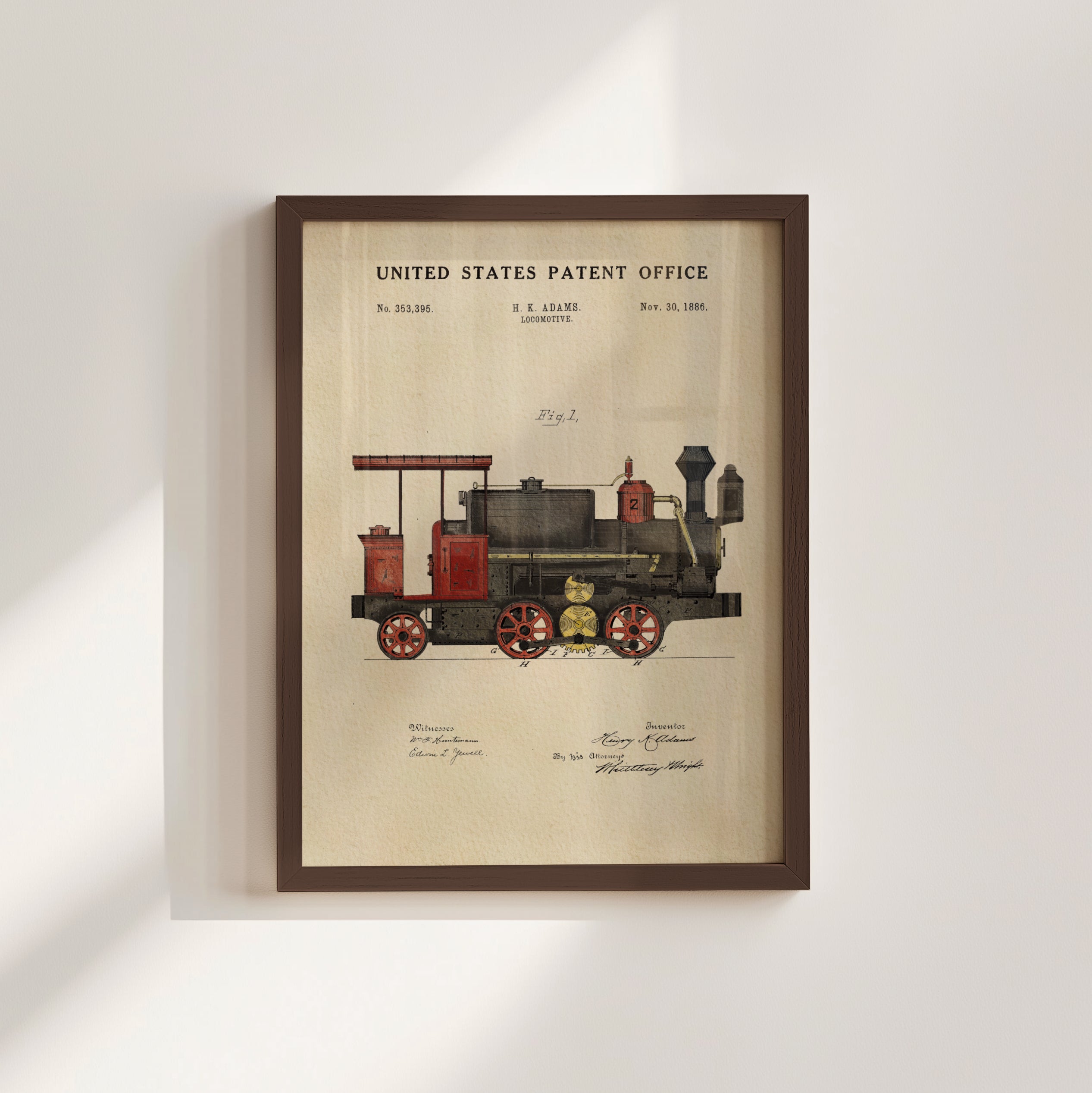 The image is a framed print of a vintage steam locomotive patent drawing from the United States Patent Office, dated November 30, 1885.